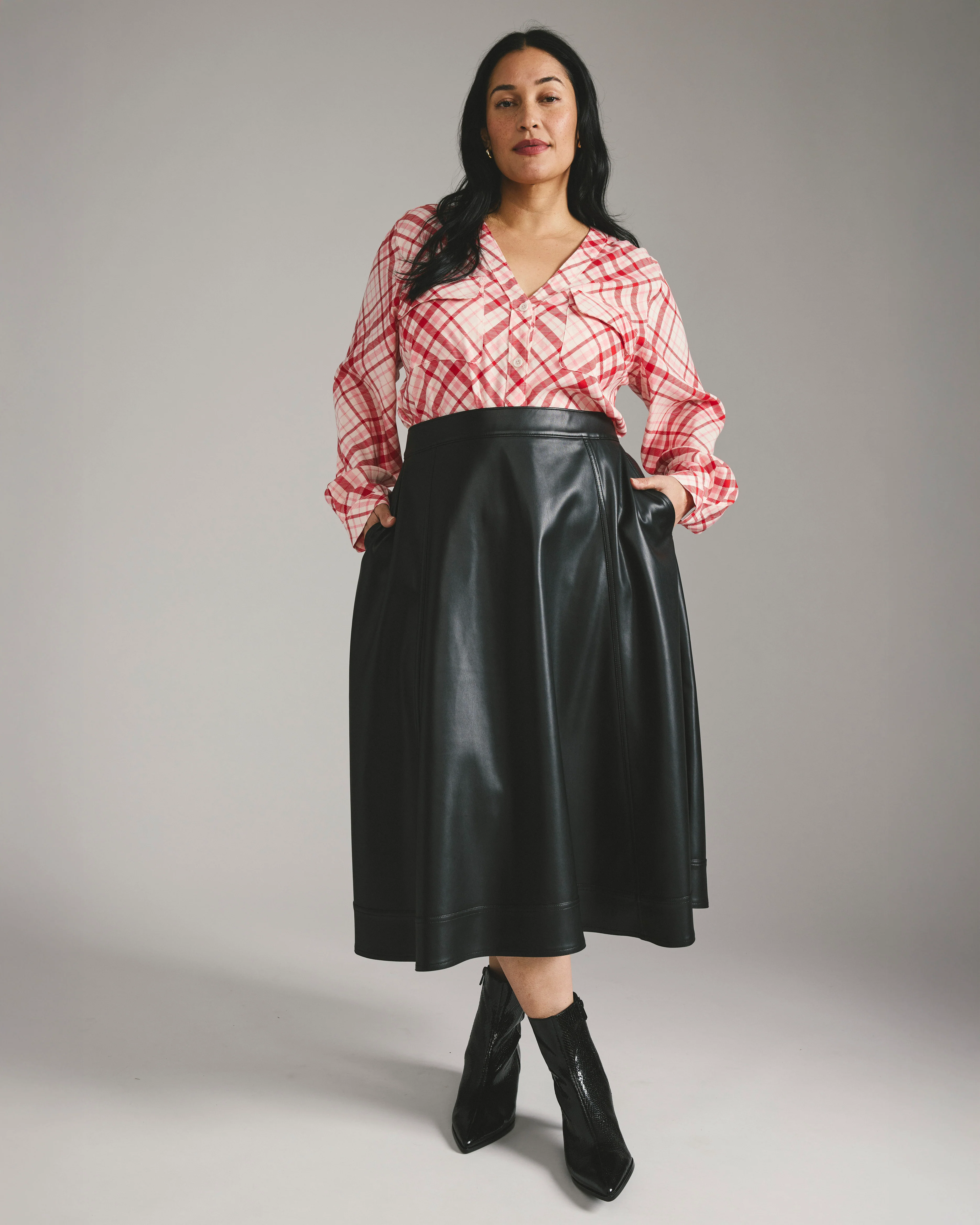 Cooling Stretch Cupro Button-Down Blouse - Red Plaid Print - Image 3