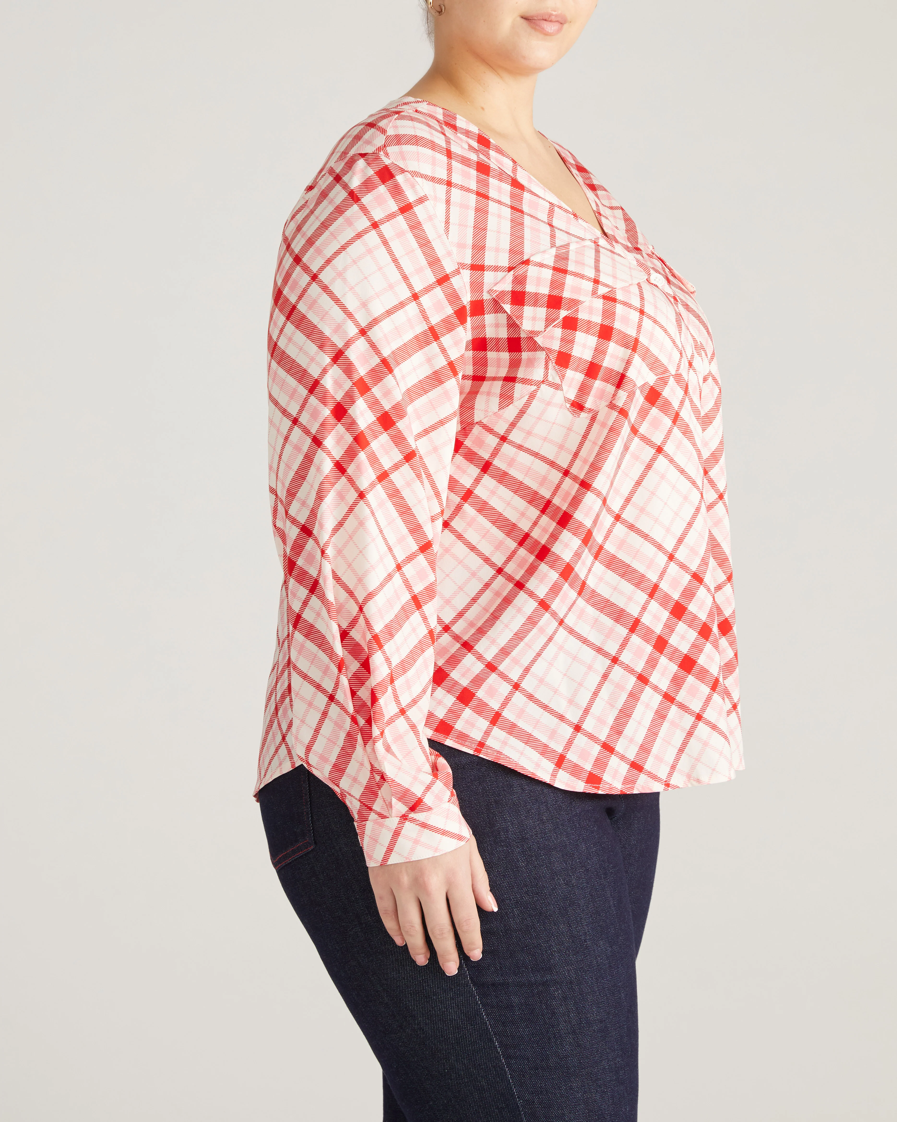Cooling Stretch Cupro Button-Down Blouse - Red Plaid Print - Image 7