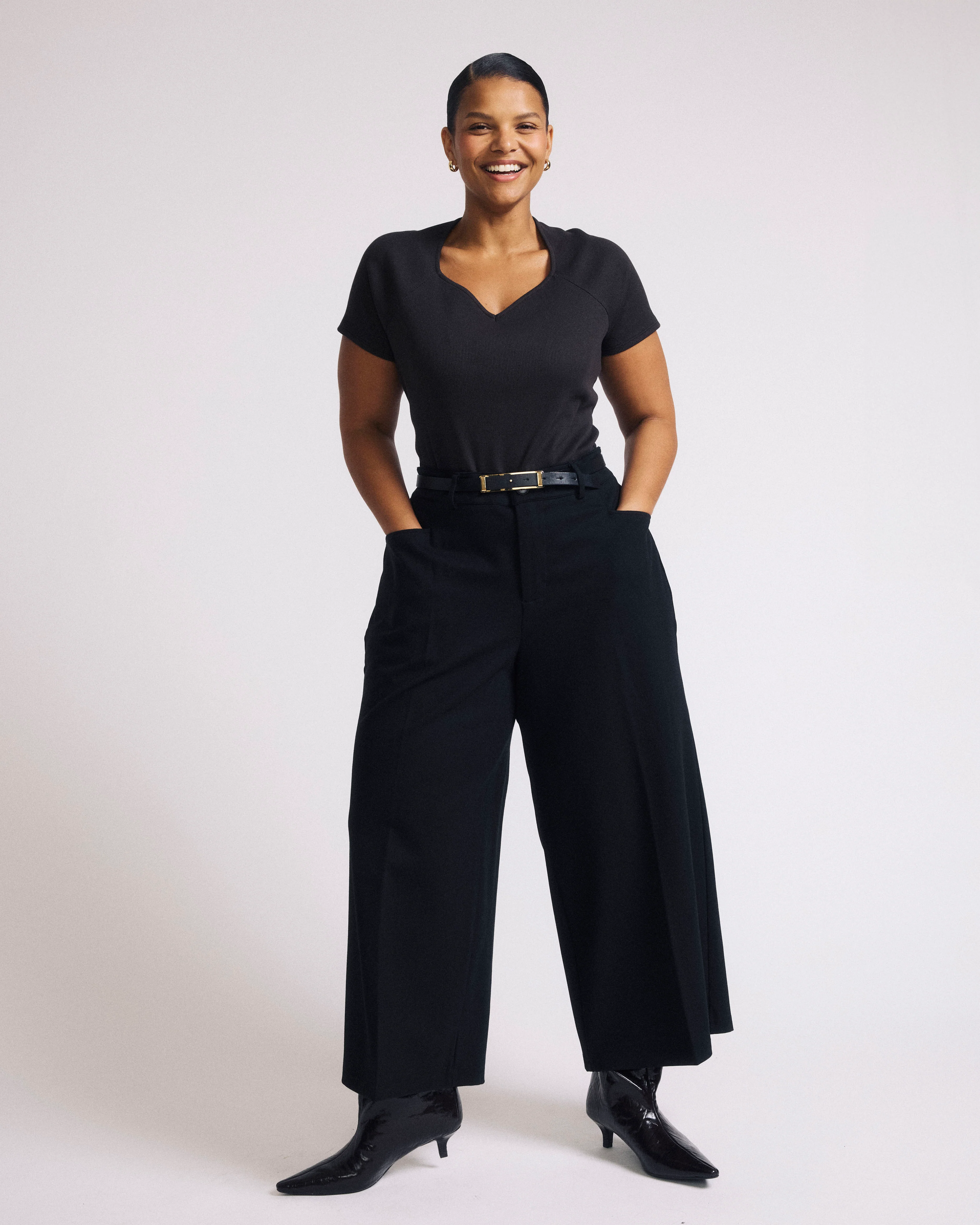 Cropped Wide Leg Ponte Pants - Black - Image 3