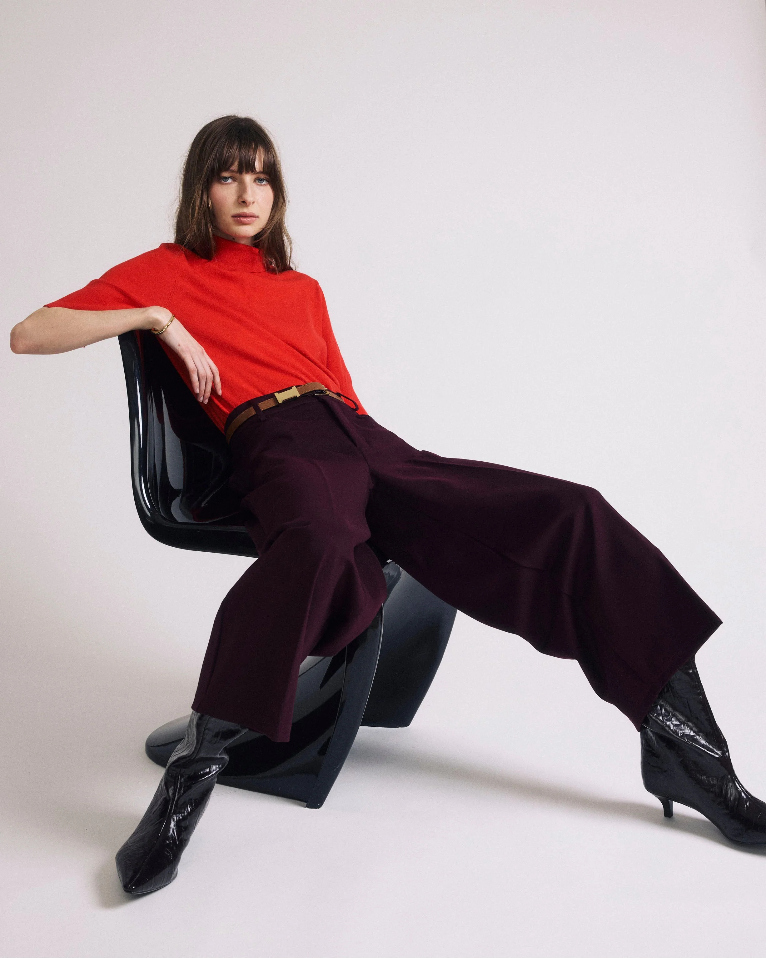 Cropped Wide Leg Ponte Pants - Black Cherry - Image 3