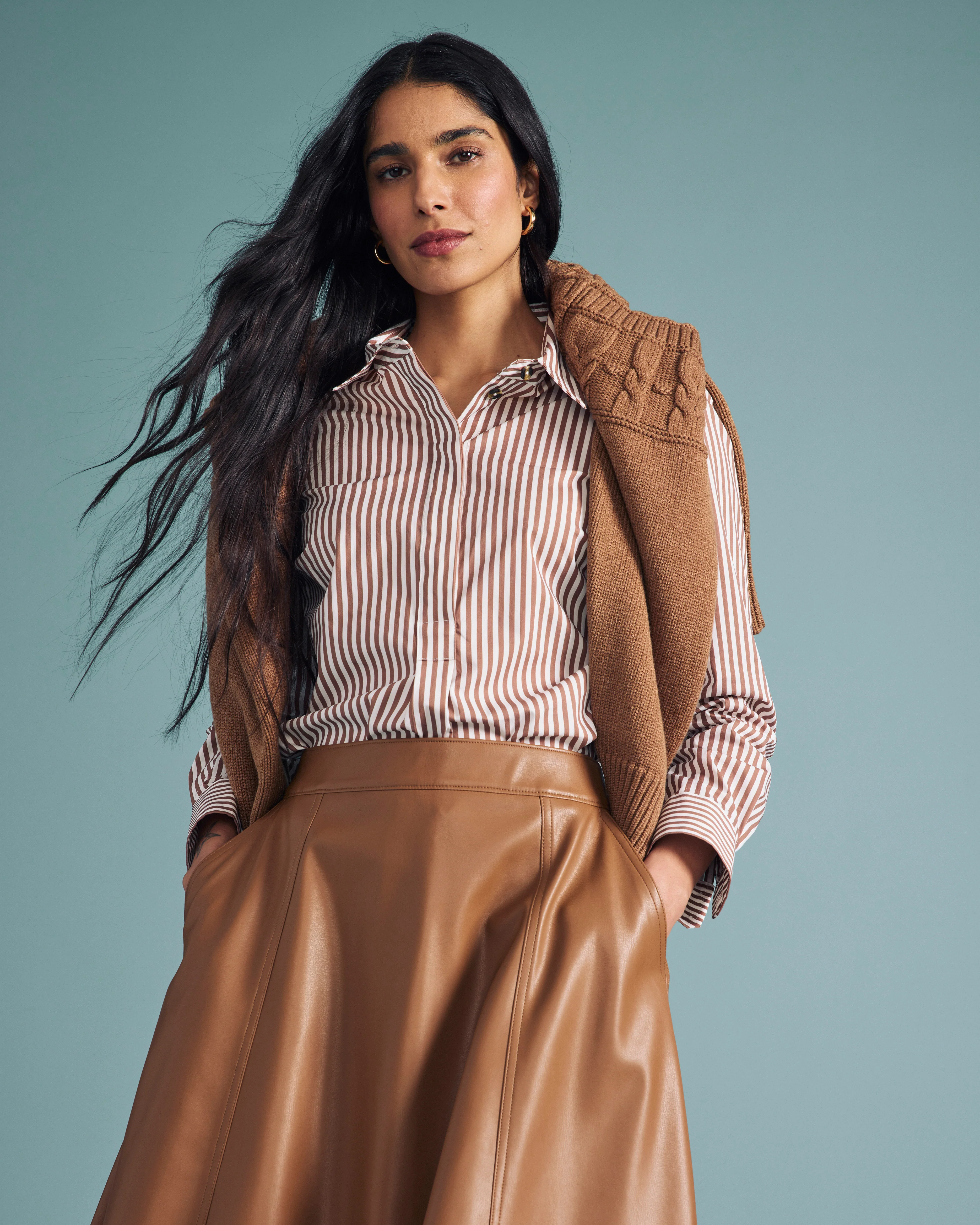 Elbe Popover Stretch Poplin Shirt Classic Fit - Allspice/White Stripe - Image 3