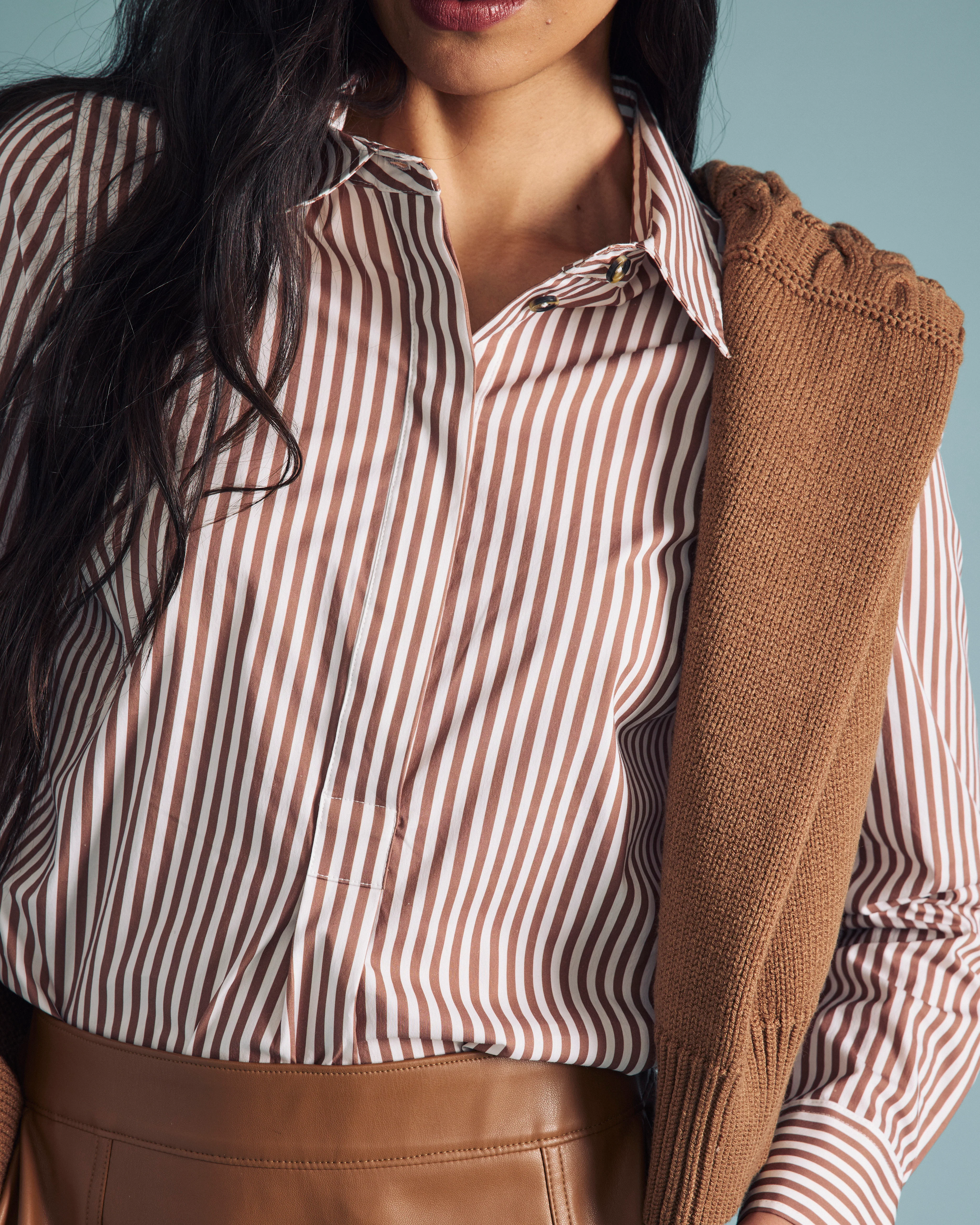 Elbe Popover Stretch Poplin Shirt Classic Fit - Allspice/White Stripe - Image 4