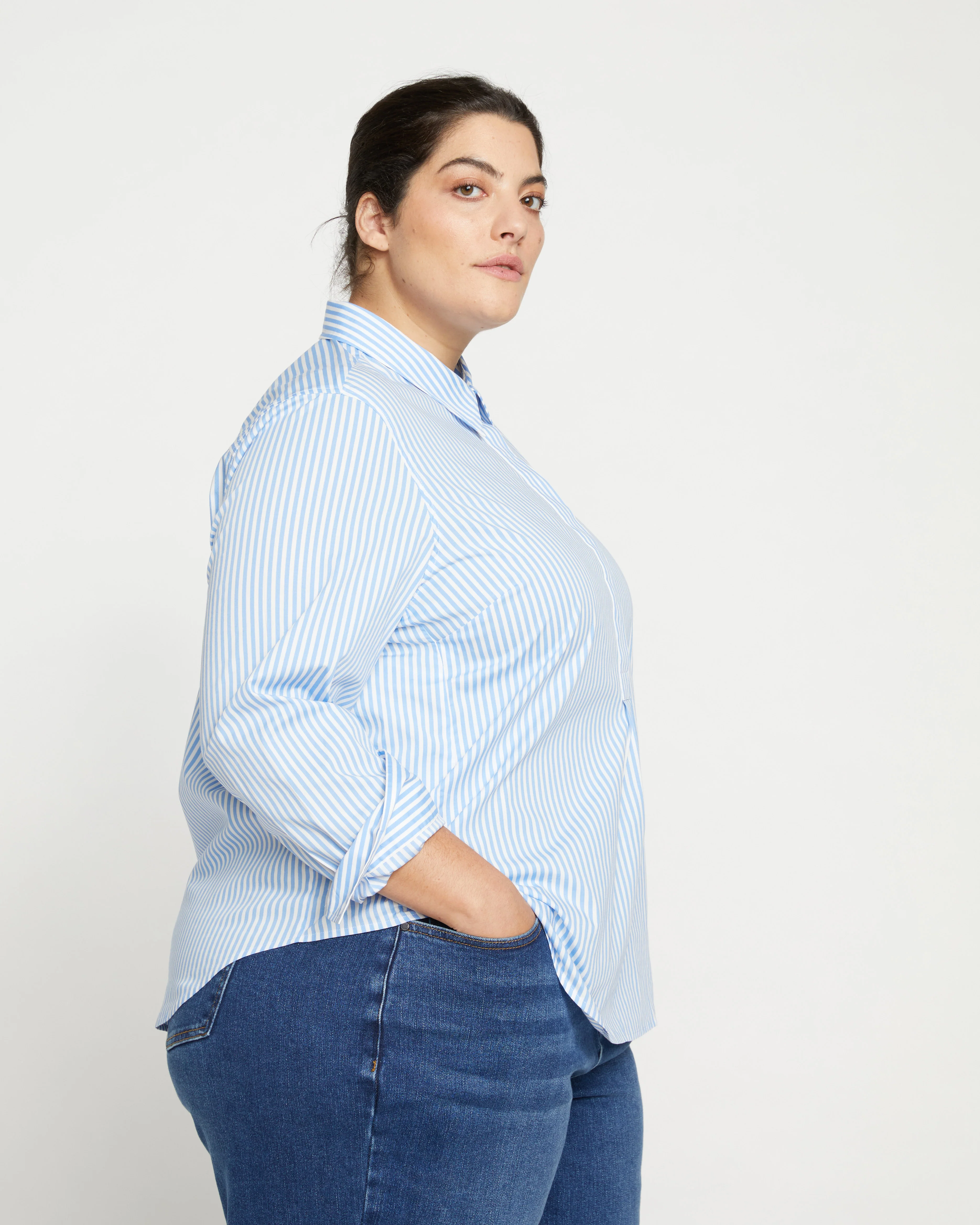 Elbe Popover Stretch Poplin Shirt Classic Fit - Blue/White Stripe - Image 3