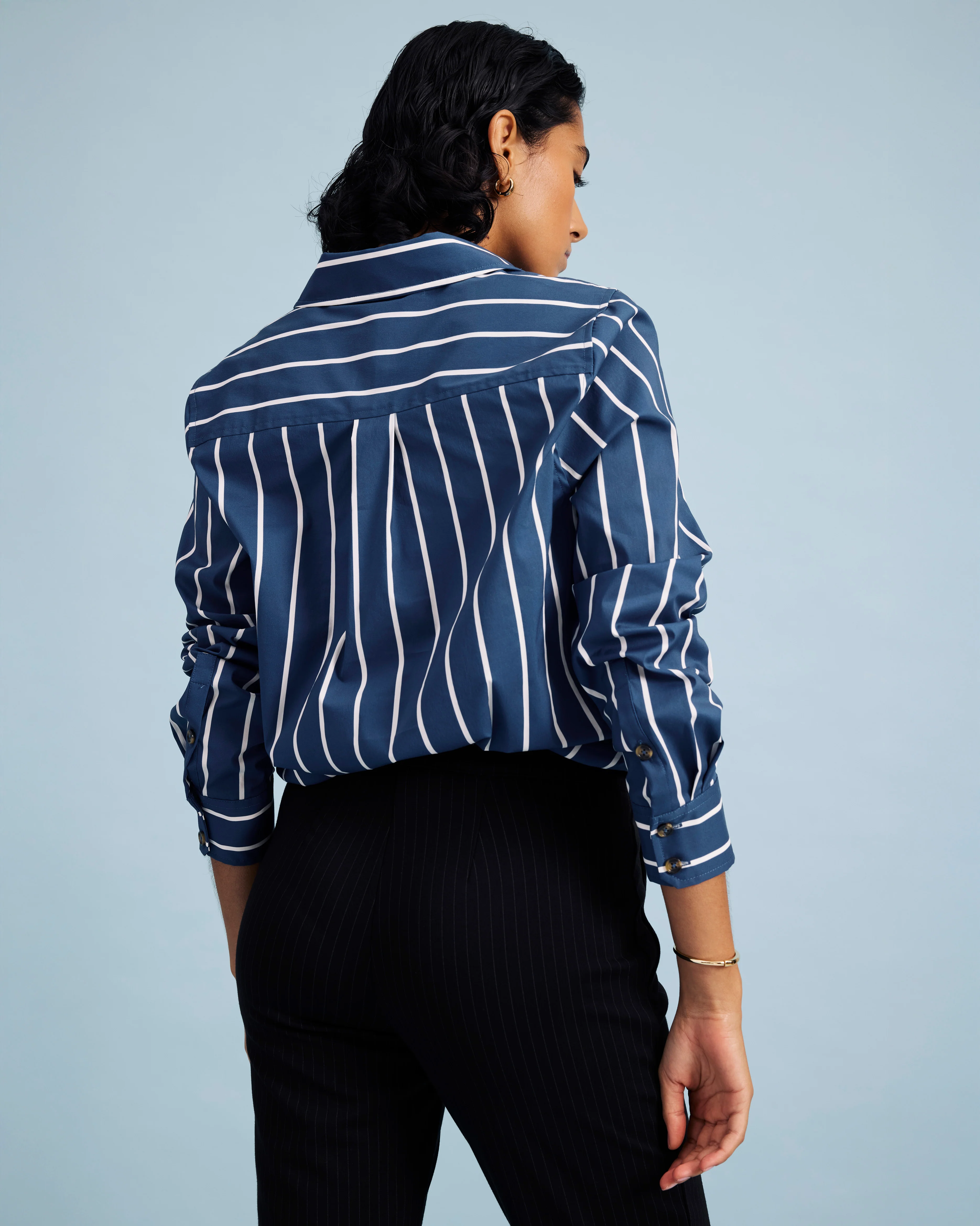 Elbe Popover Stretch Poplin Shirt Classic Fit - Ensign Blue/White Stripe - Image 5