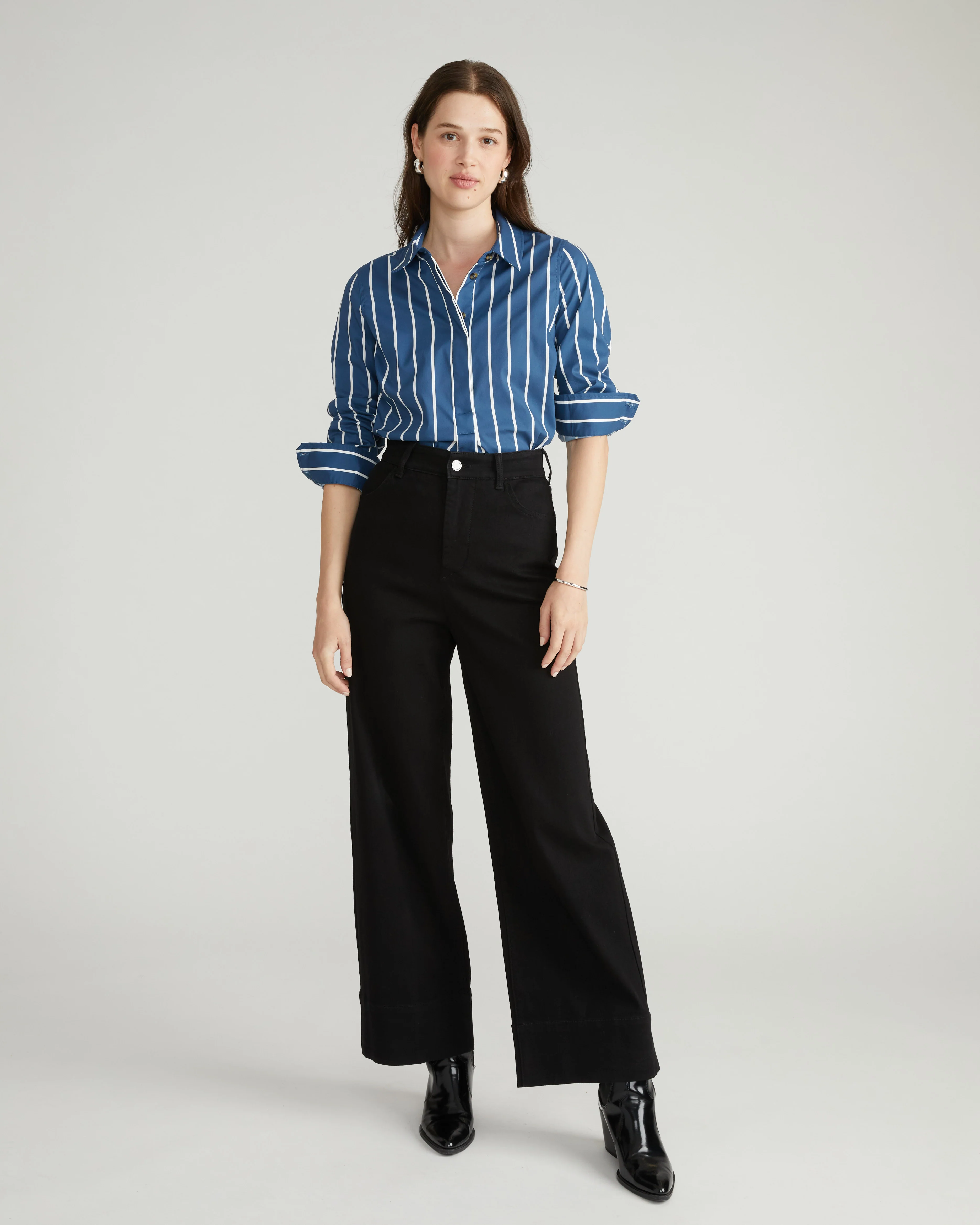 Elbe Popover Stretch Poplin Shirt Classic Fit - Ensign Blue/White Stripe - Image 7