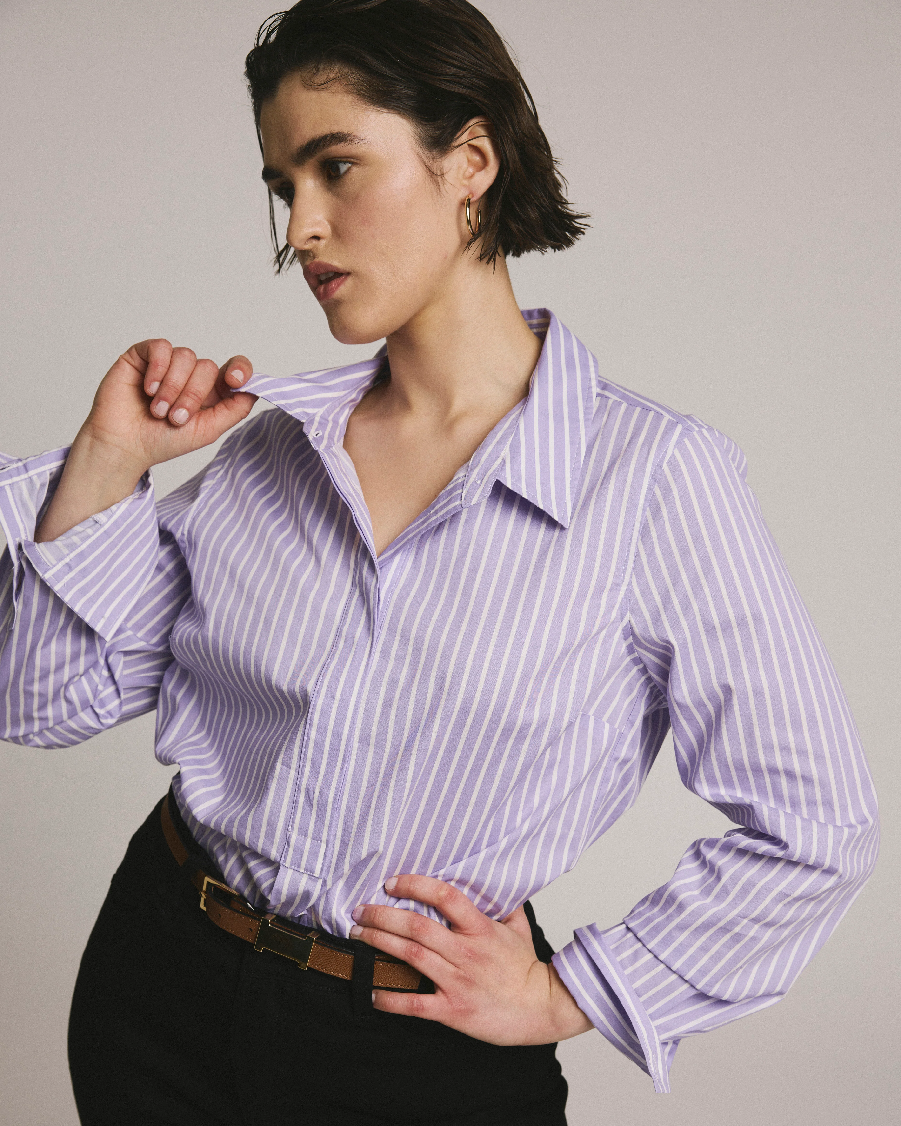 Elbe Popover Stretch Poplin Shirt Classic Fit - Lavender/White Stripe - Image 2