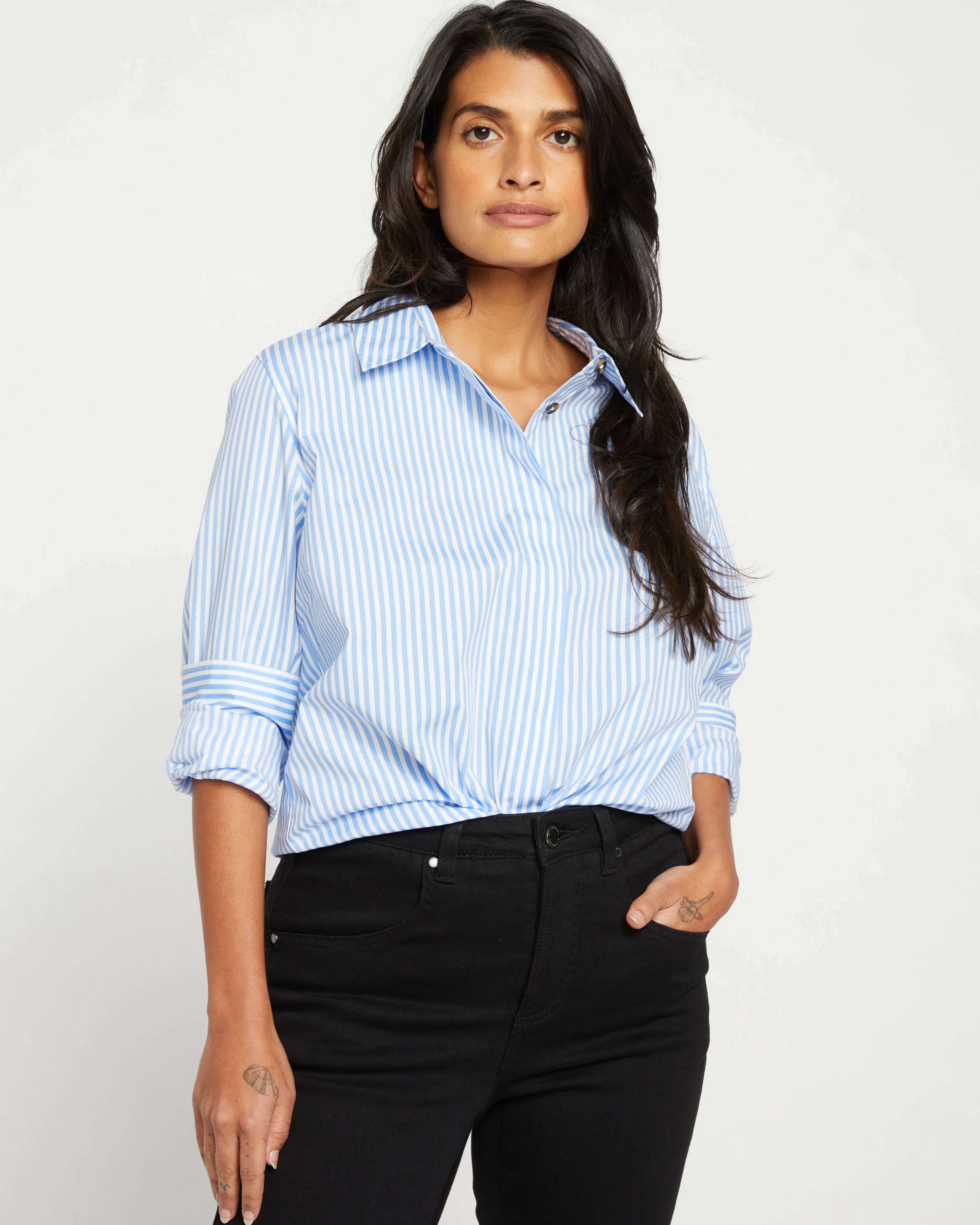 Elbe Stretch Poplin Shirt Classic Fit - Blue/White Stripe - Image 3