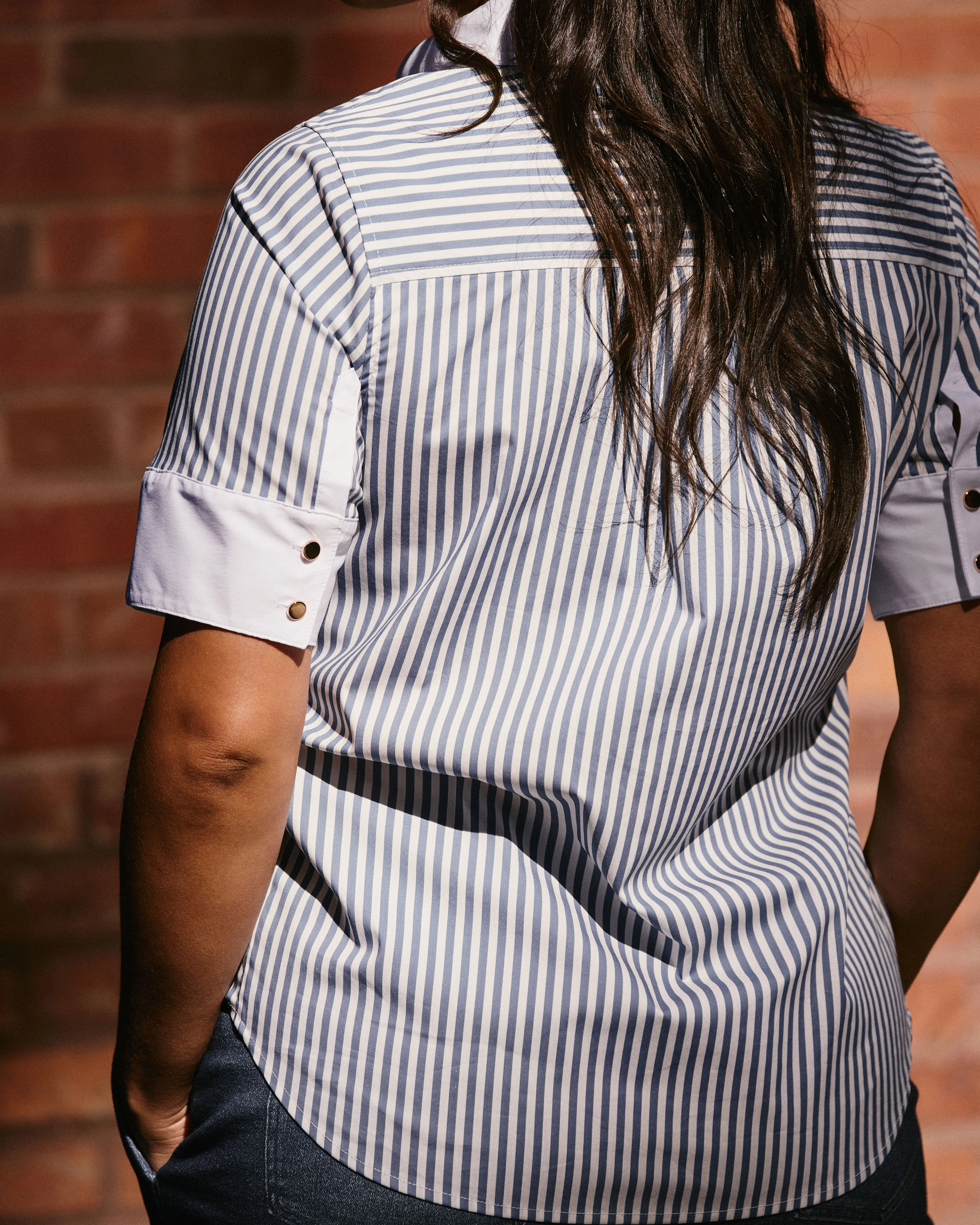 Elbe Stretch Poplin Short Sleeve Shirt - Blue Stripe with Contrast White - Image 6
