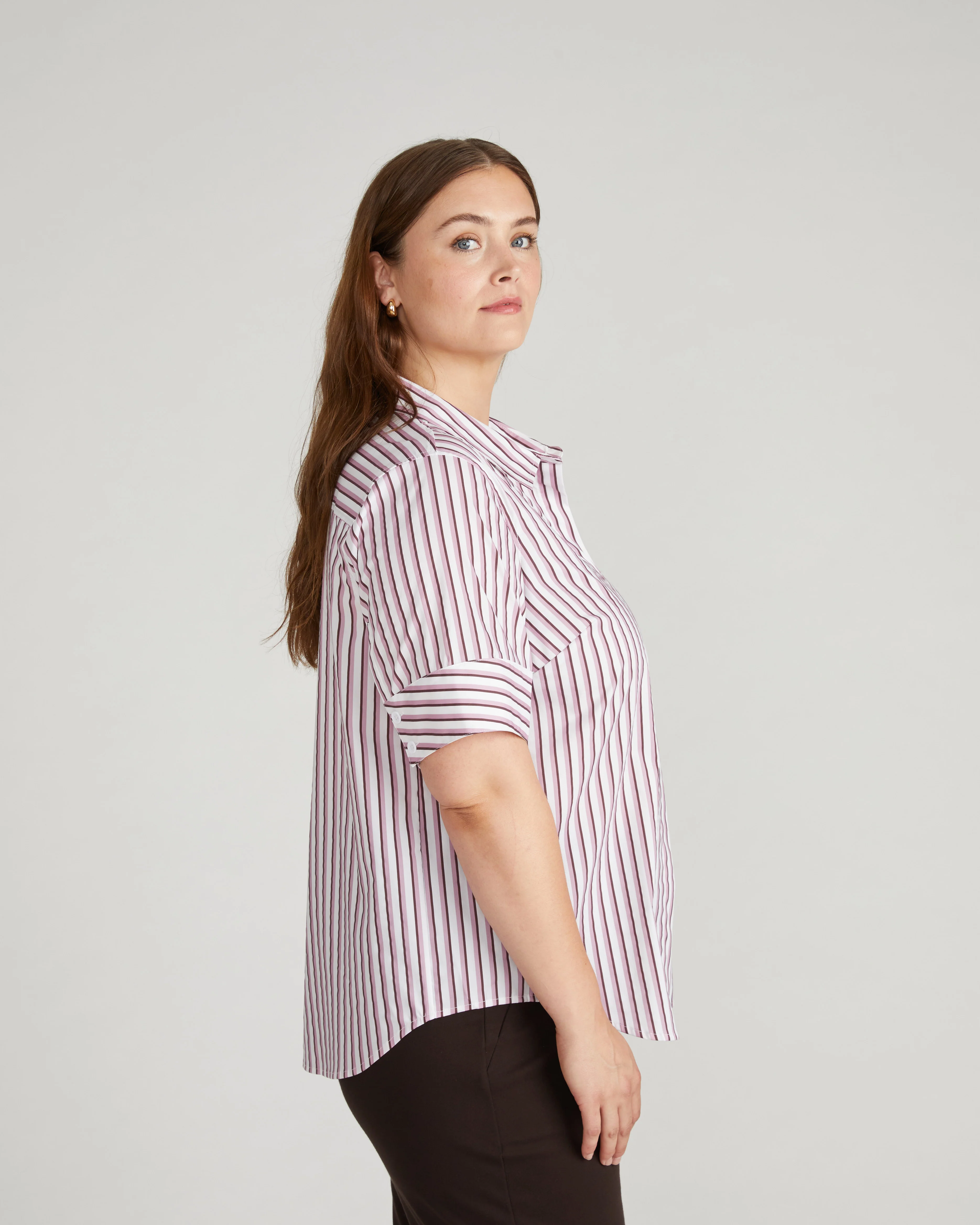 Elbe Stretch Poplin Short Sleeve Shirt - Lilac Multi Stripe - Image 2