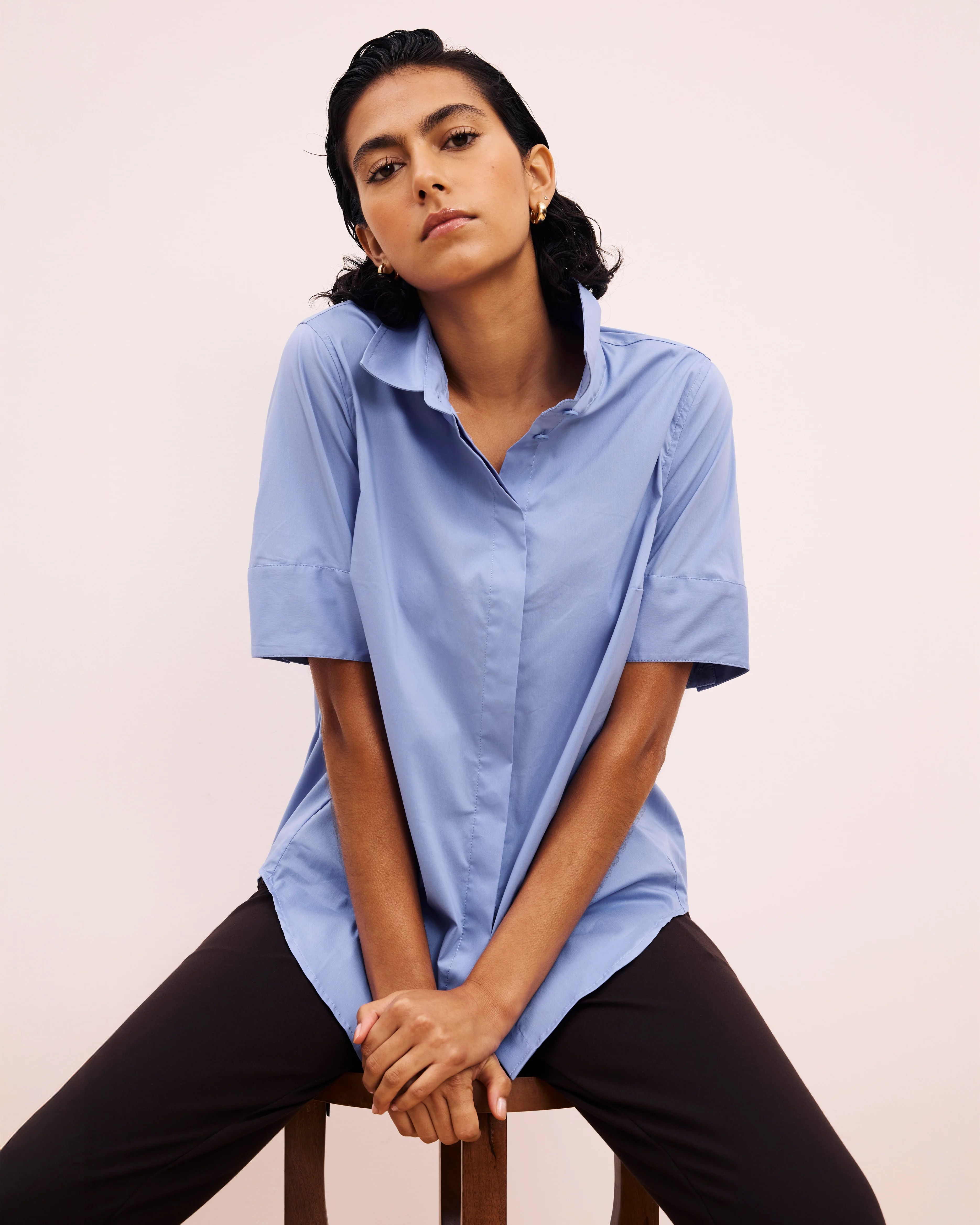 Elbe Stretch Poplin Short Sleeve Shirt - Soft Blue - Image 3