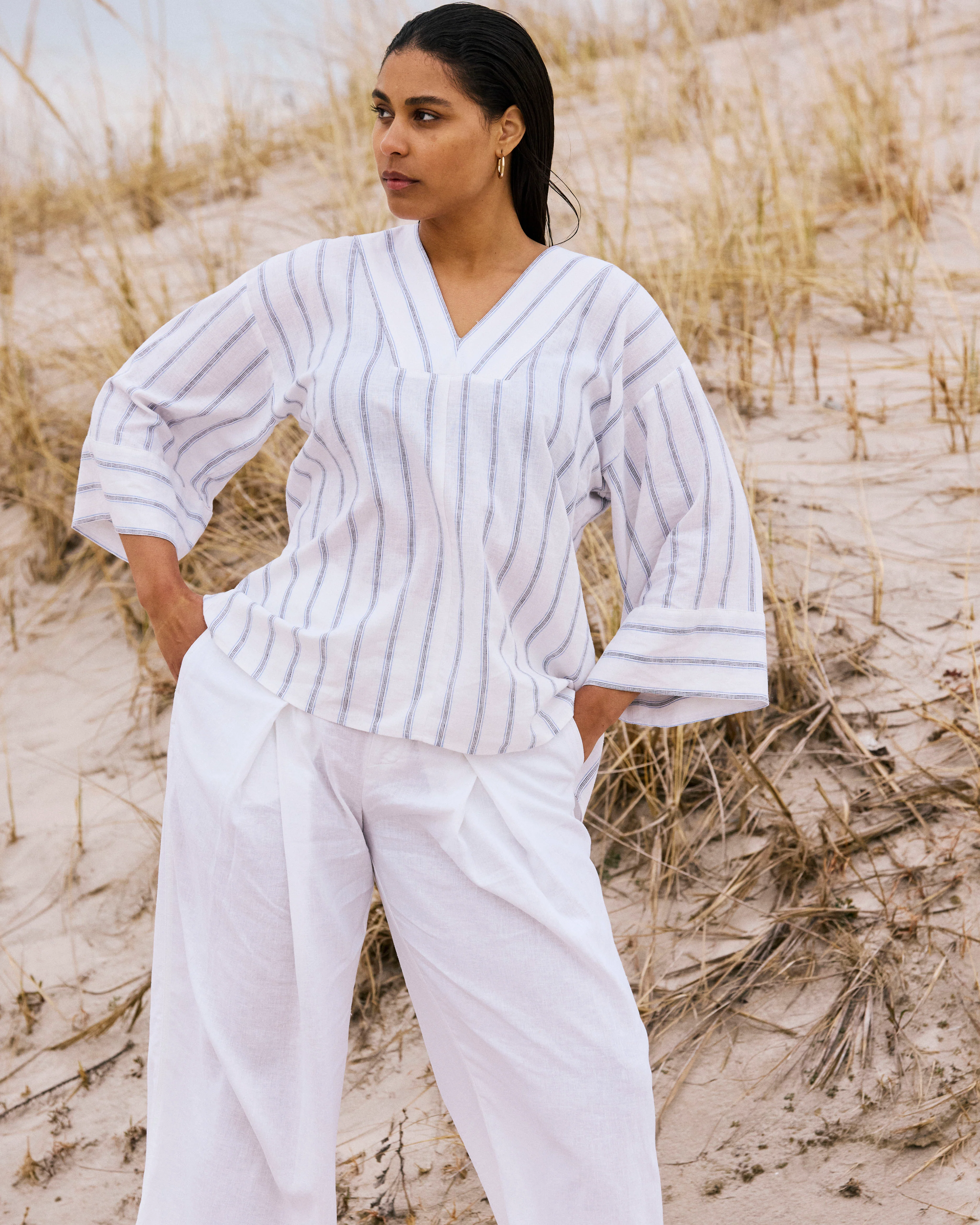 Elio V-Neck Linen Top - Mayfair Stripe - Image 2