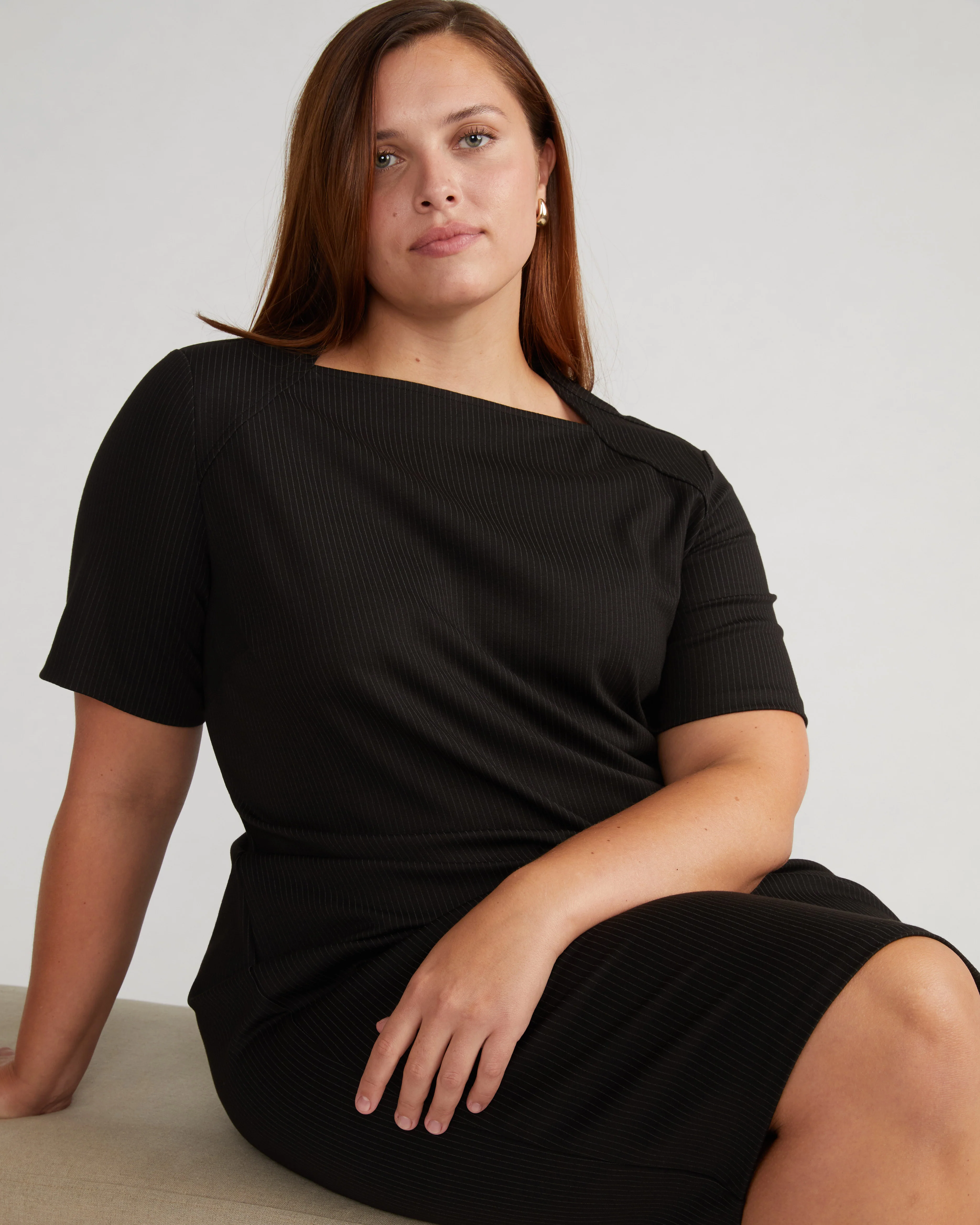Envelope Neck Ponte Dress - Fine Grey Pinstripe - Image 3