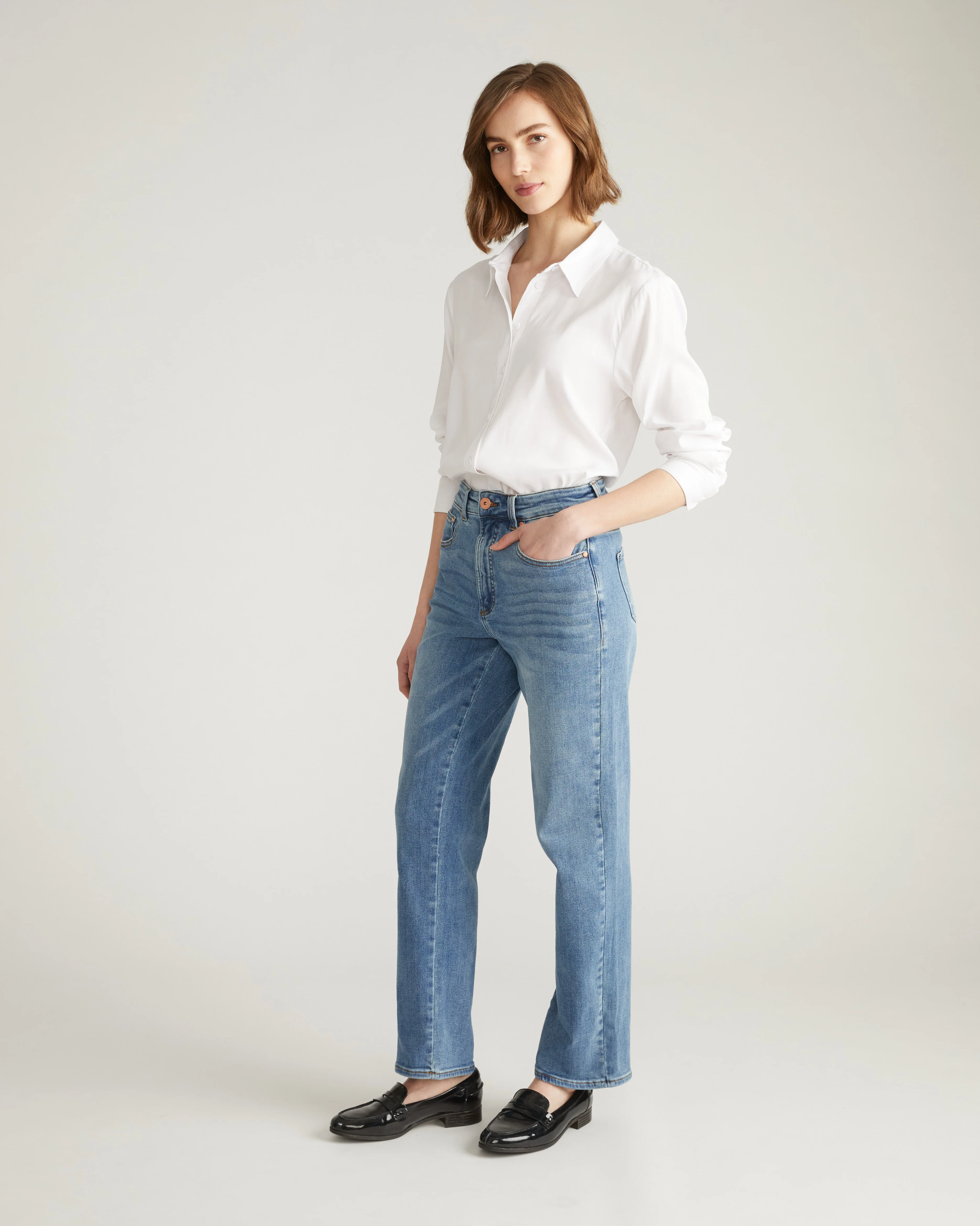 Etta High Rise Straight Leg Jeans 31 Inch - Distressed Washed Indigo - Image 2