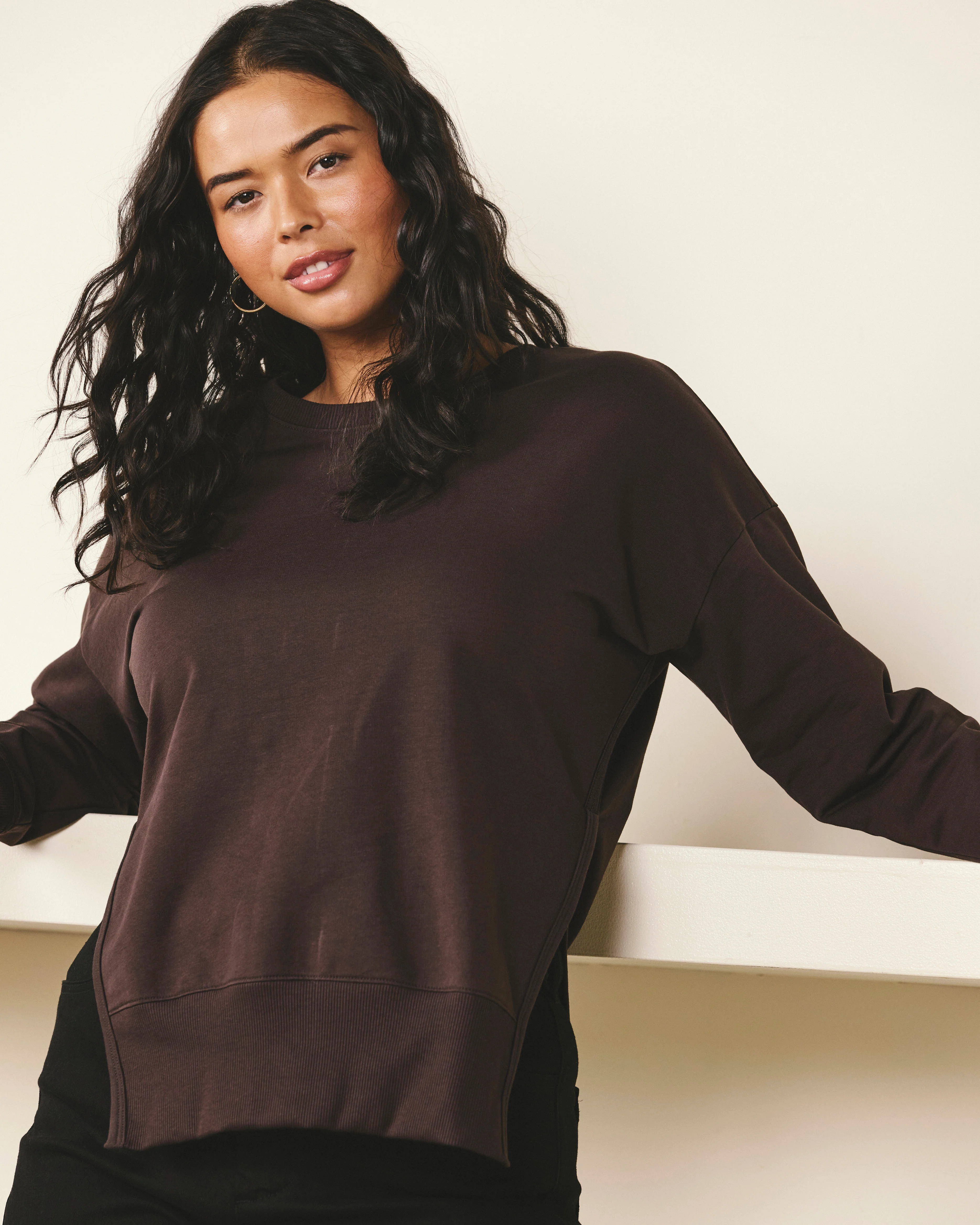 Fiona Side Slit Sweatshirt - Deep Brown - Image 2