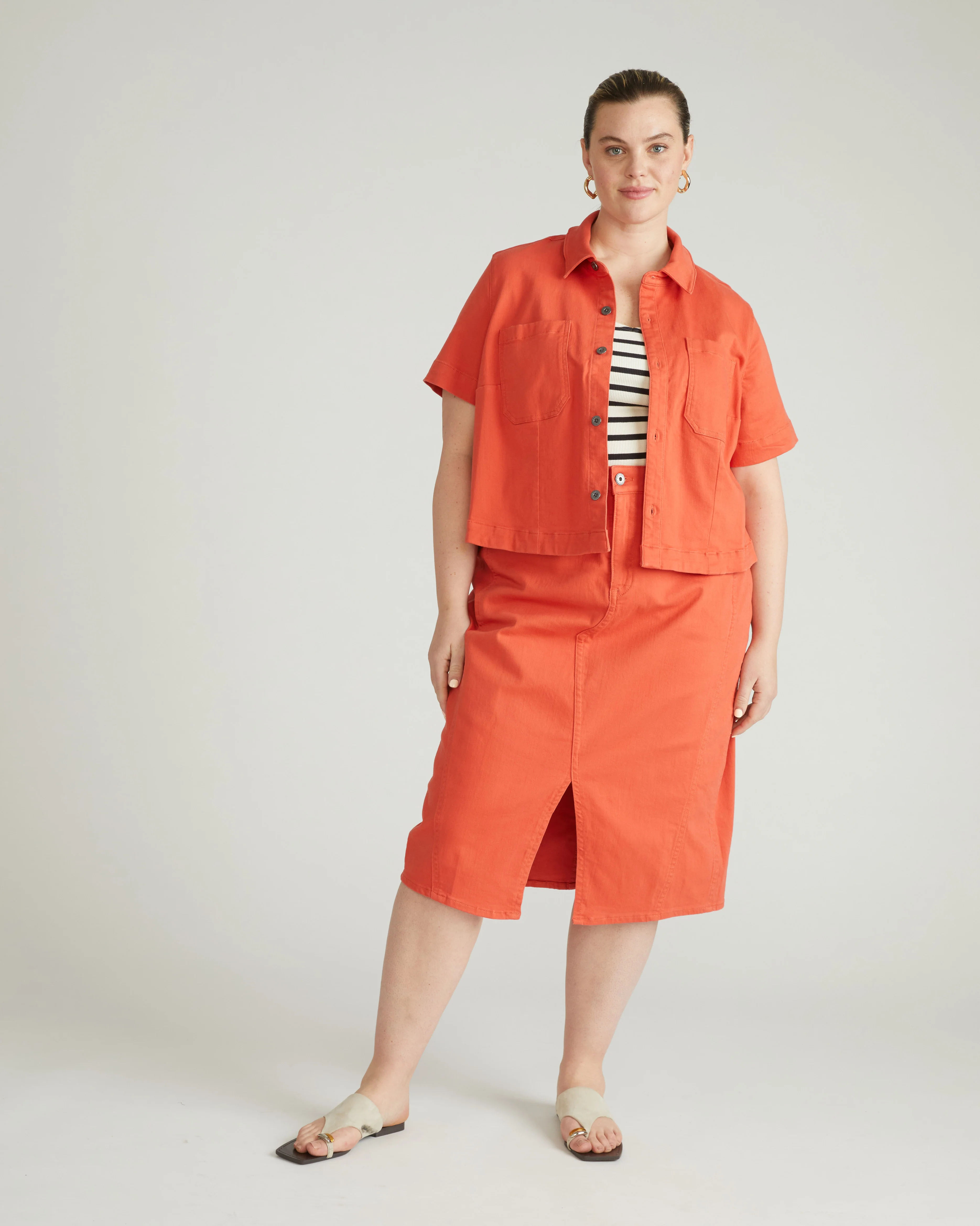 Flynn Short Sleeve Denim Shacket - Coral Reef - Image 2