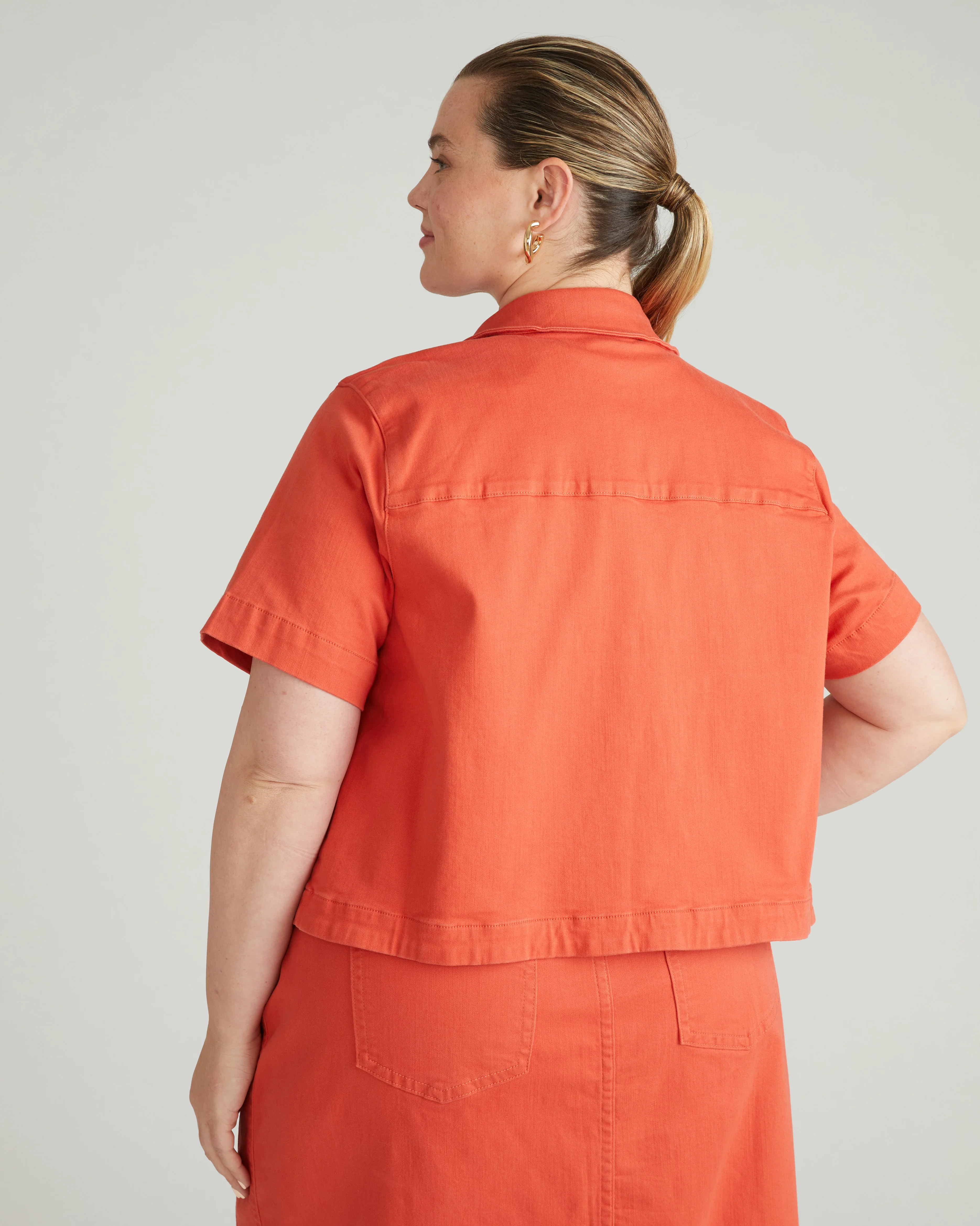 Flynn Short Sleeve Denim Shacket - Coral Reef - Image 3