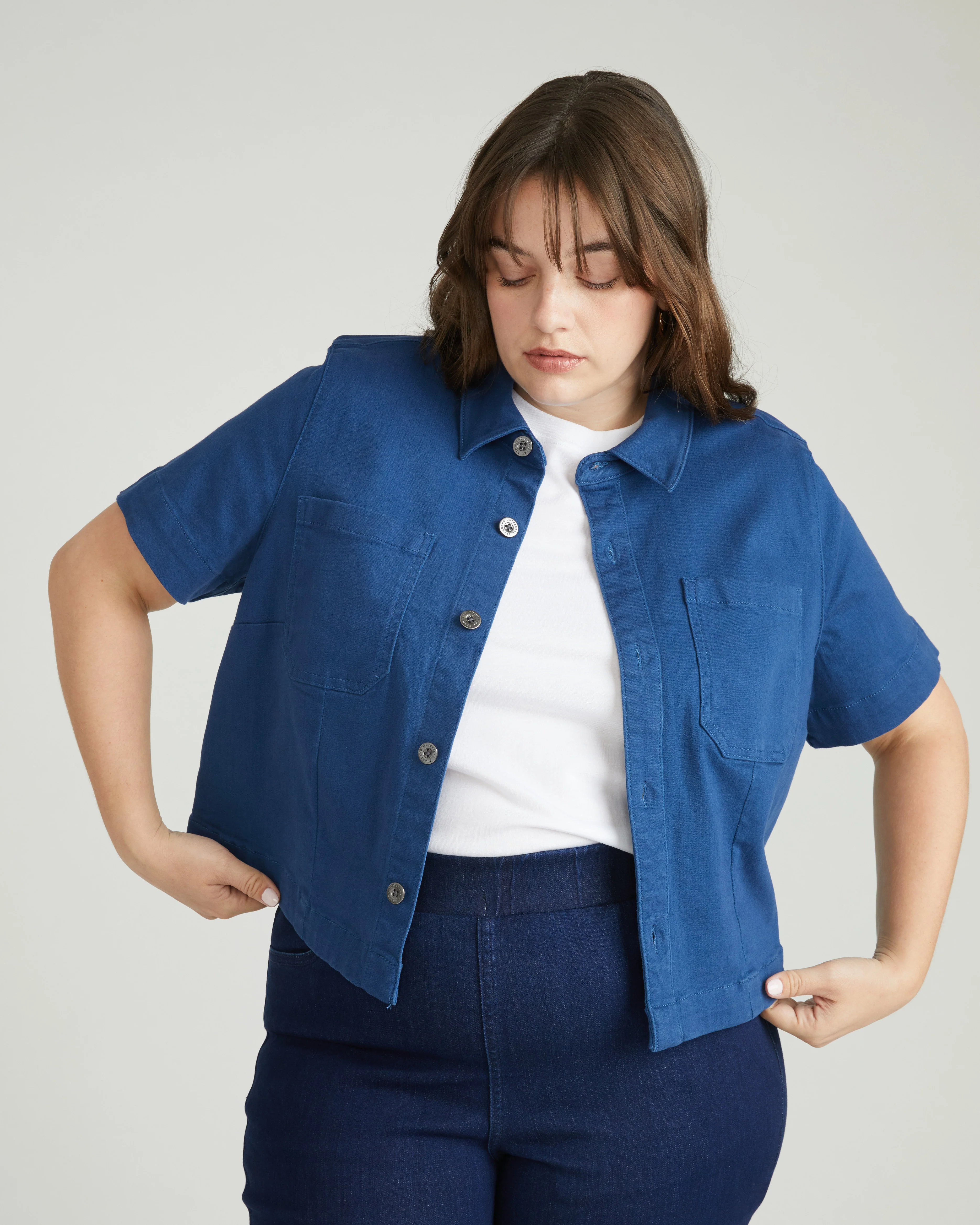 Flynn Short Sleeve Denim Shacket - French Blue - Image 4