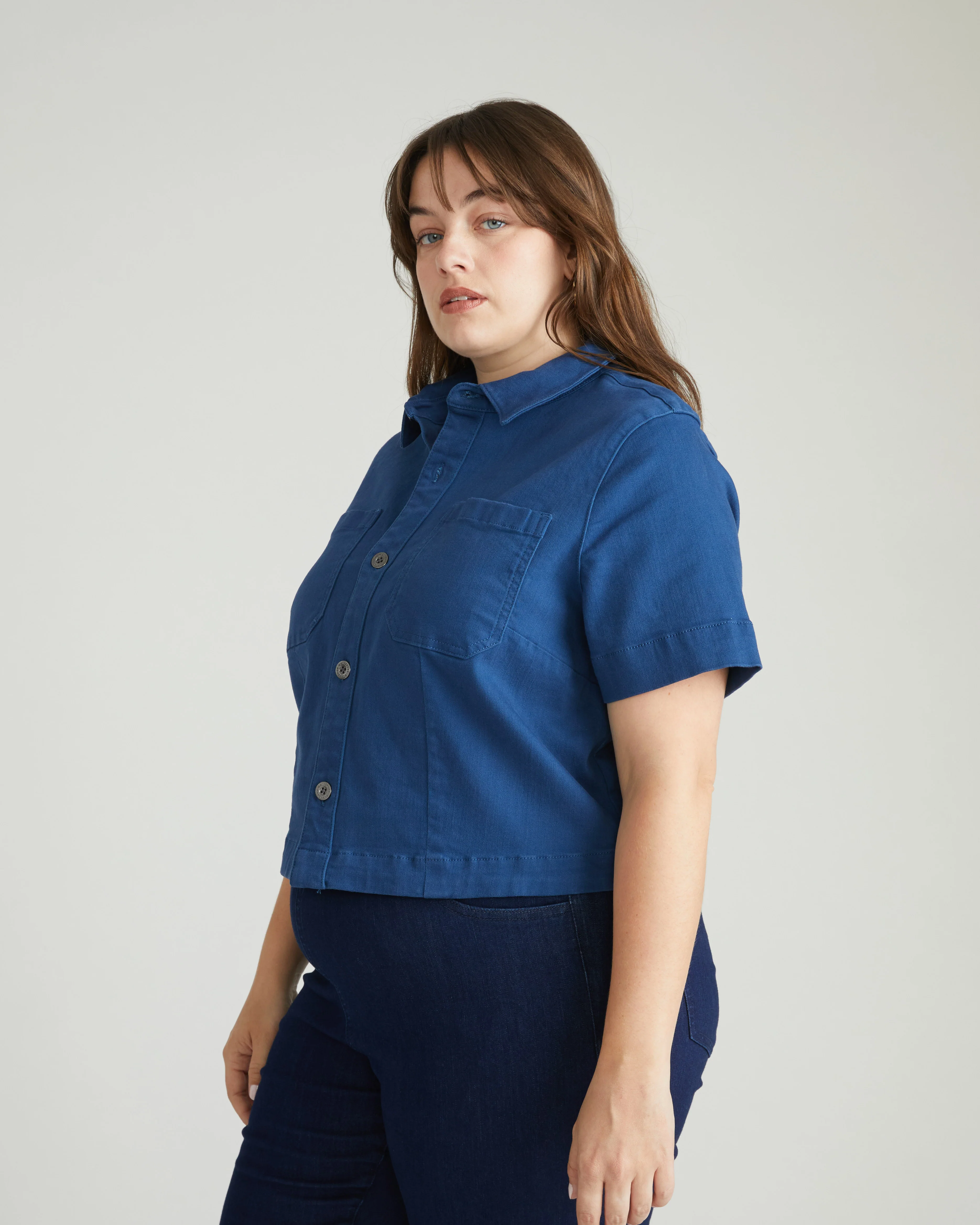 Flynn Short Sleeve Denim Shacket - French Blue - Image 6