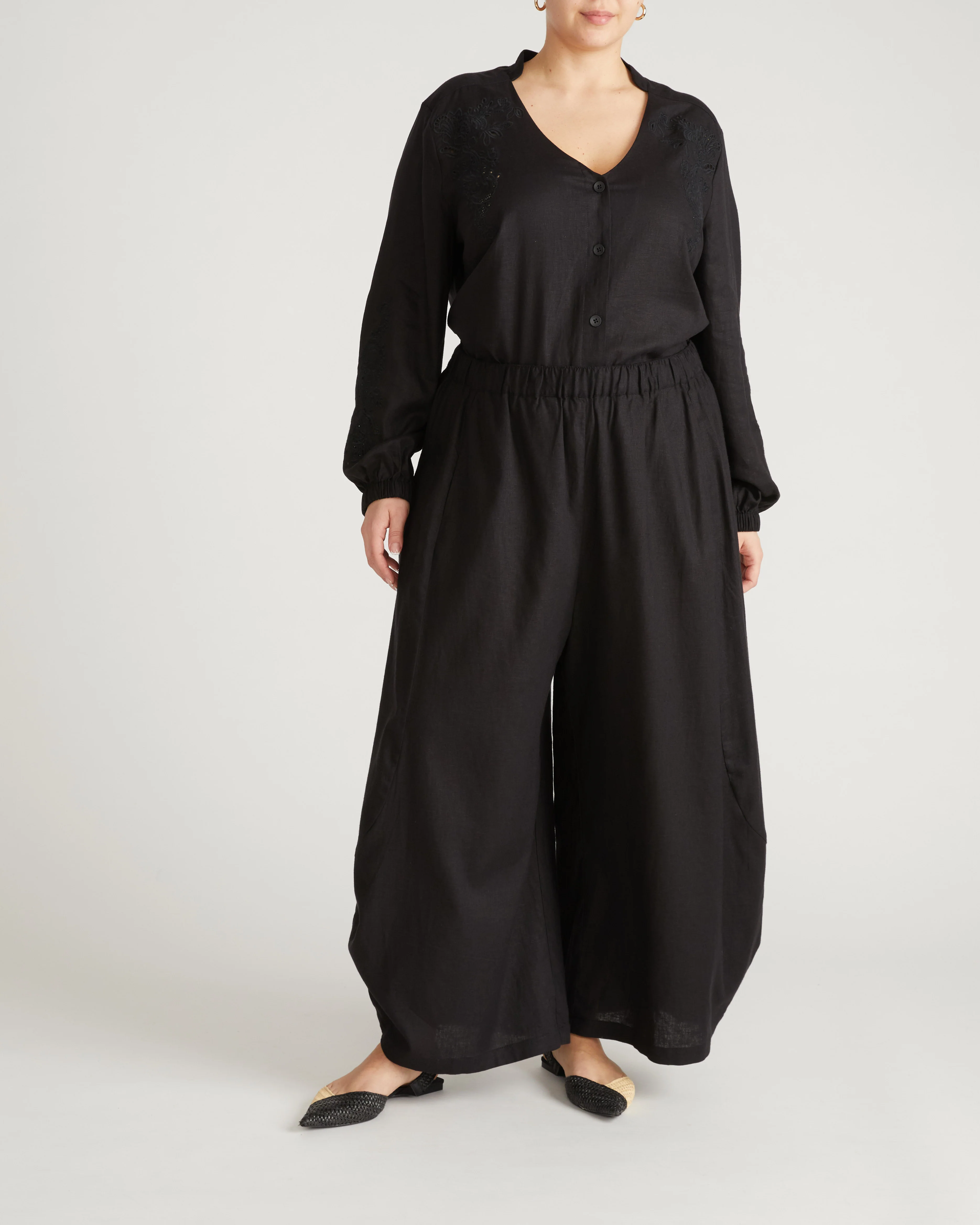 Frances Embroidered Linen Blouse - Black - Image 2