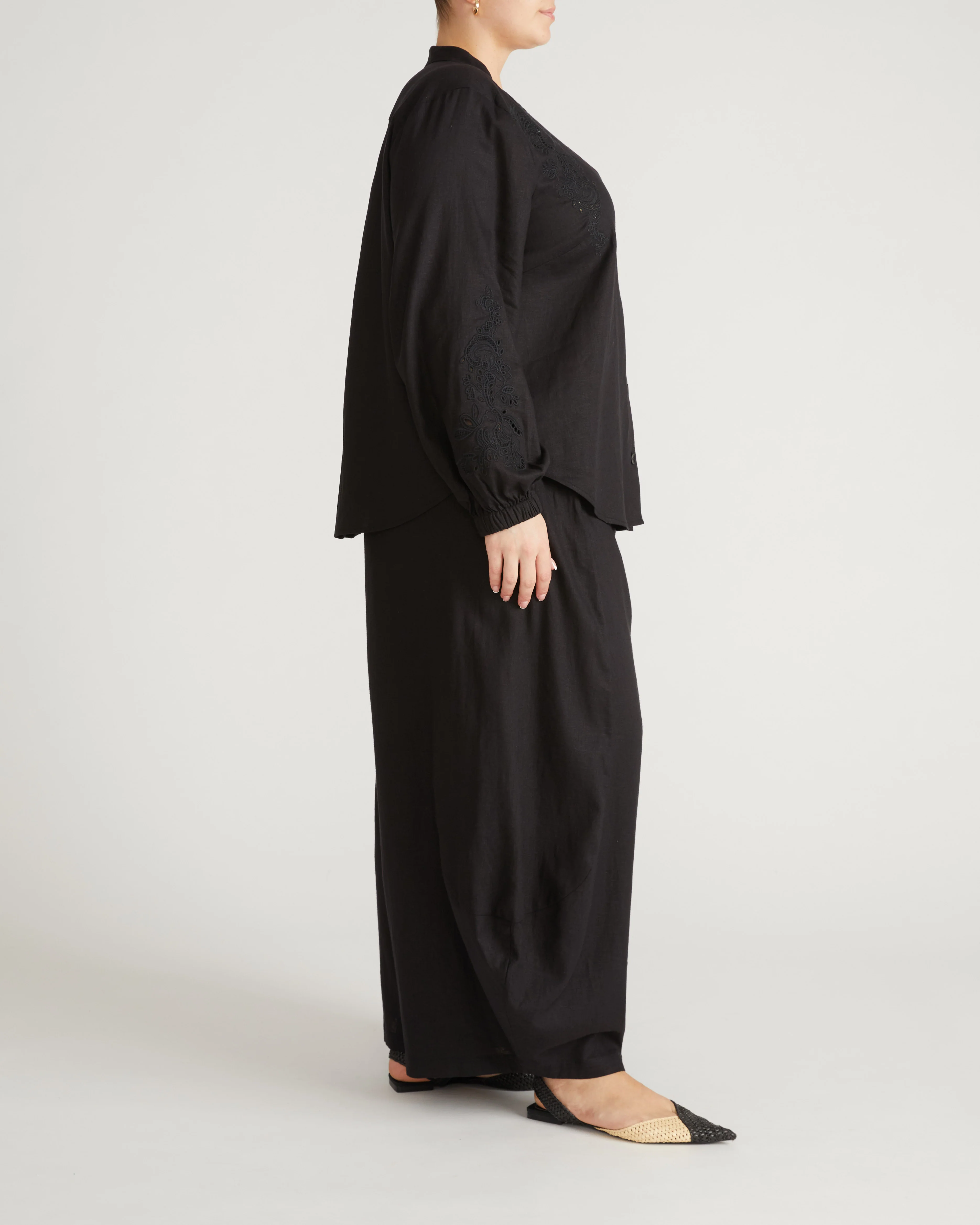 Frances Embroidered Linen Blouse - Black - Image 3