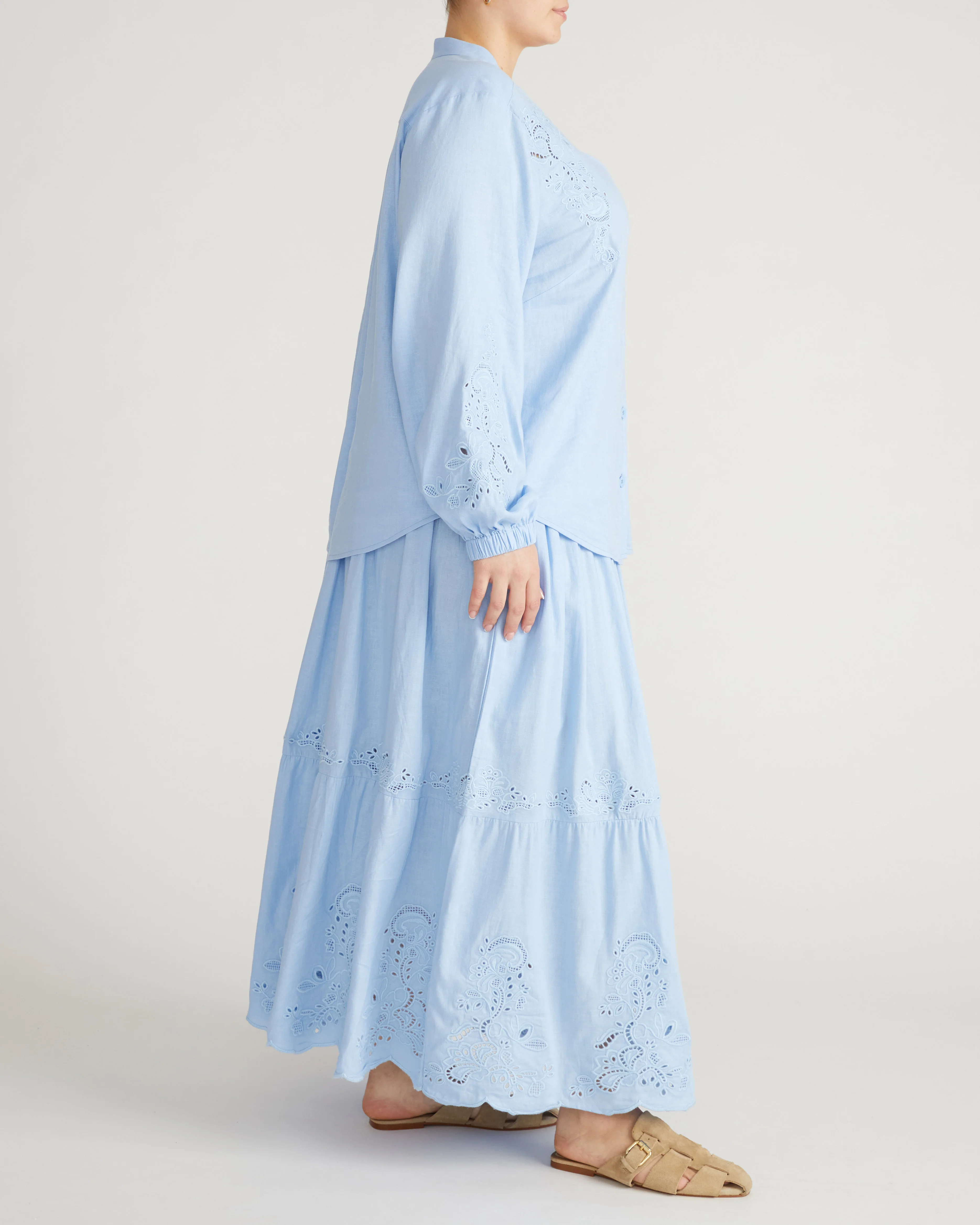 Frances Embroidered Linen Blouse - Cielo Blue - Image 5