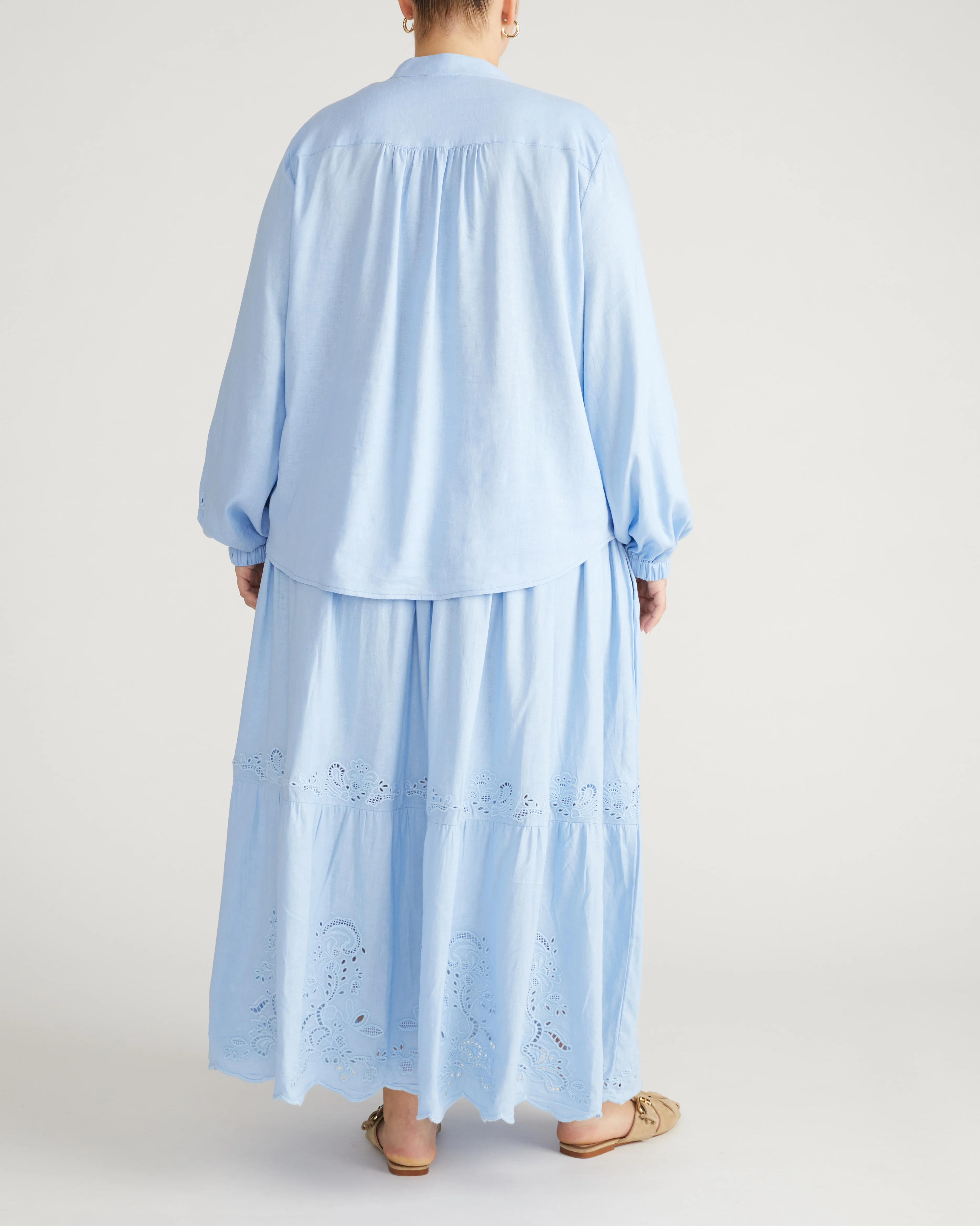 Frances Embroidered Linen Blouse - Cielo Blue - Image 6