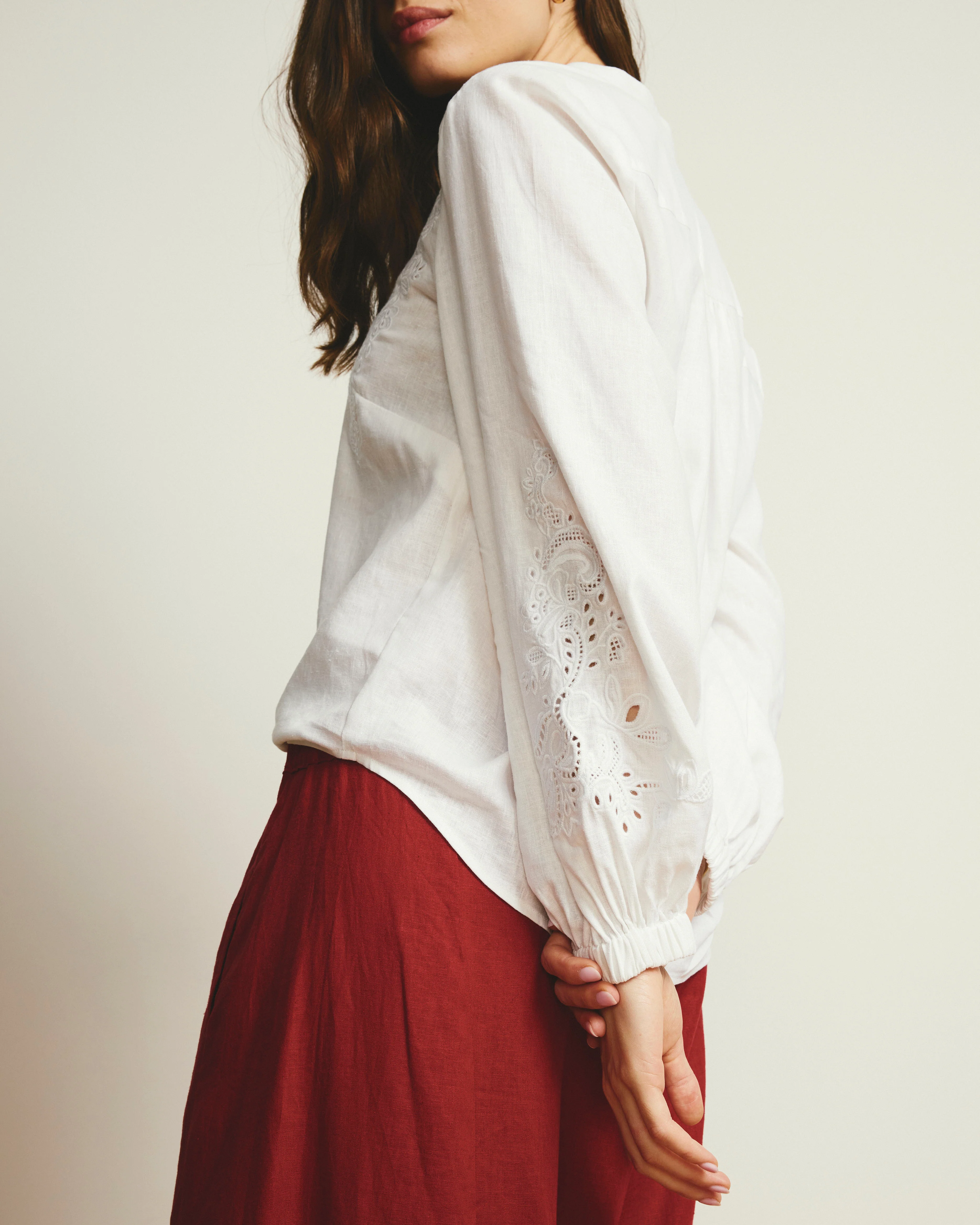Frances Embroidered Linen Blouse - White - Image 2