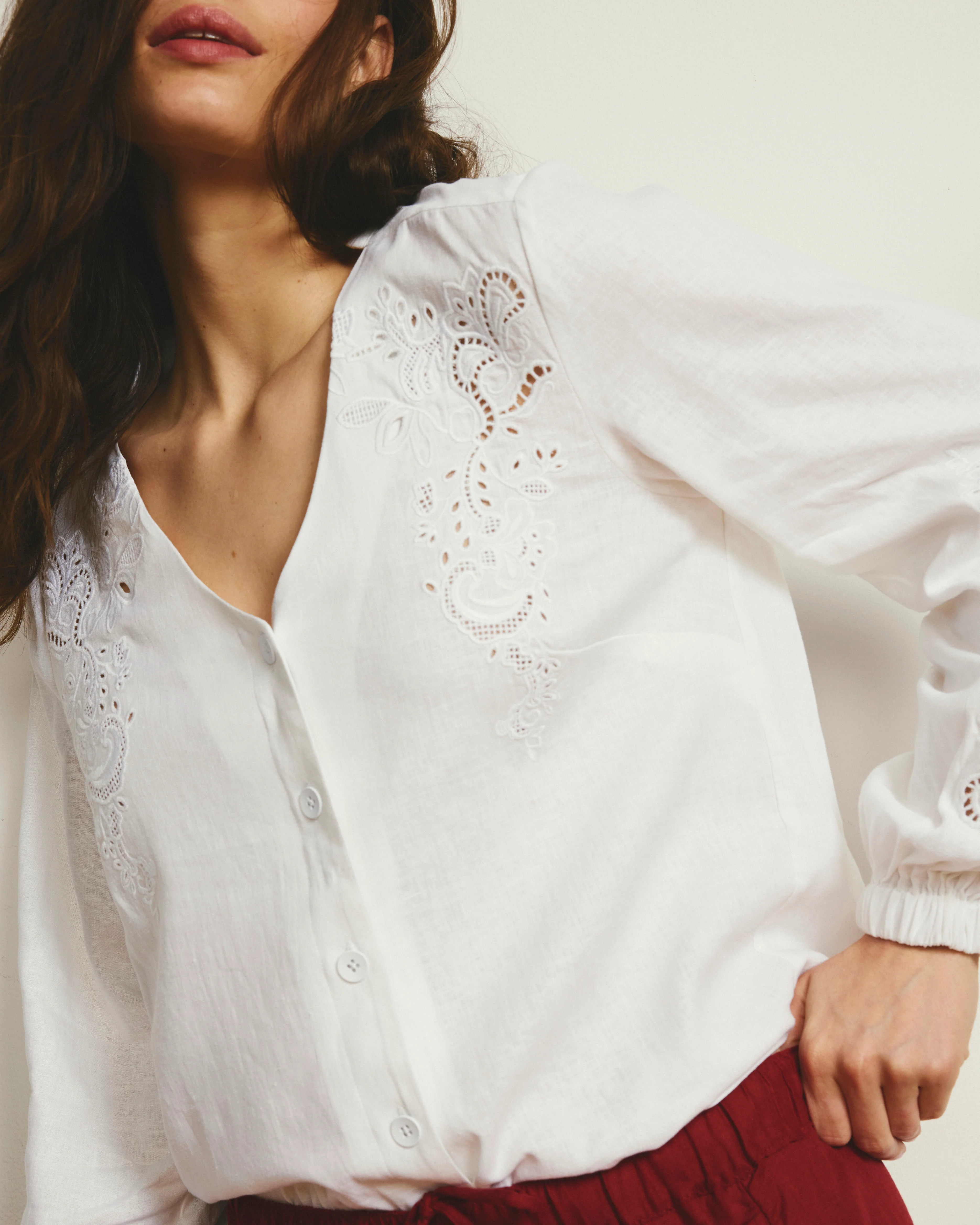 Frances Embroidered Linen Blouse - White - Image 3