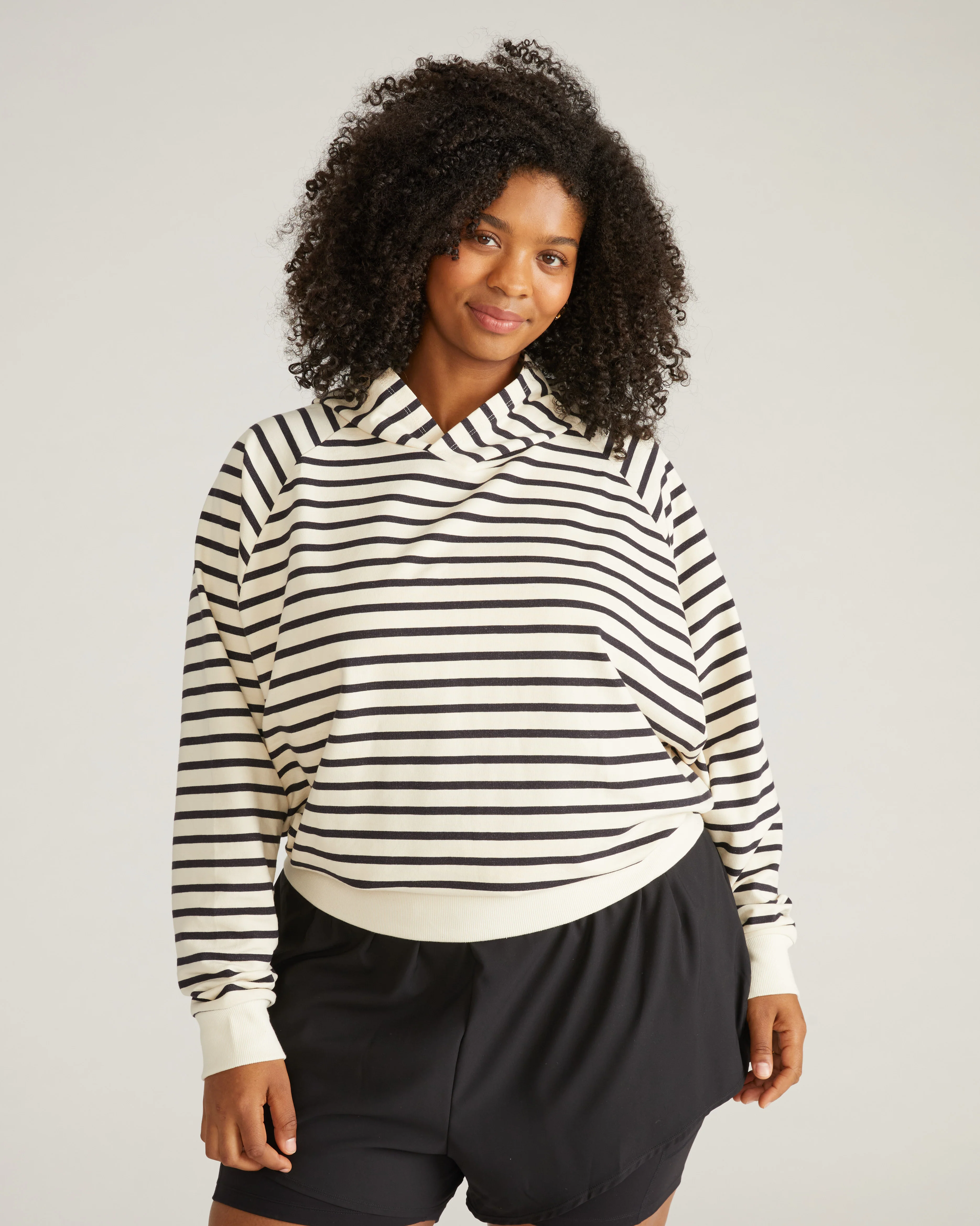 French Terry Pullover Hoodie - Ecru/Black Stripe - Image 2
