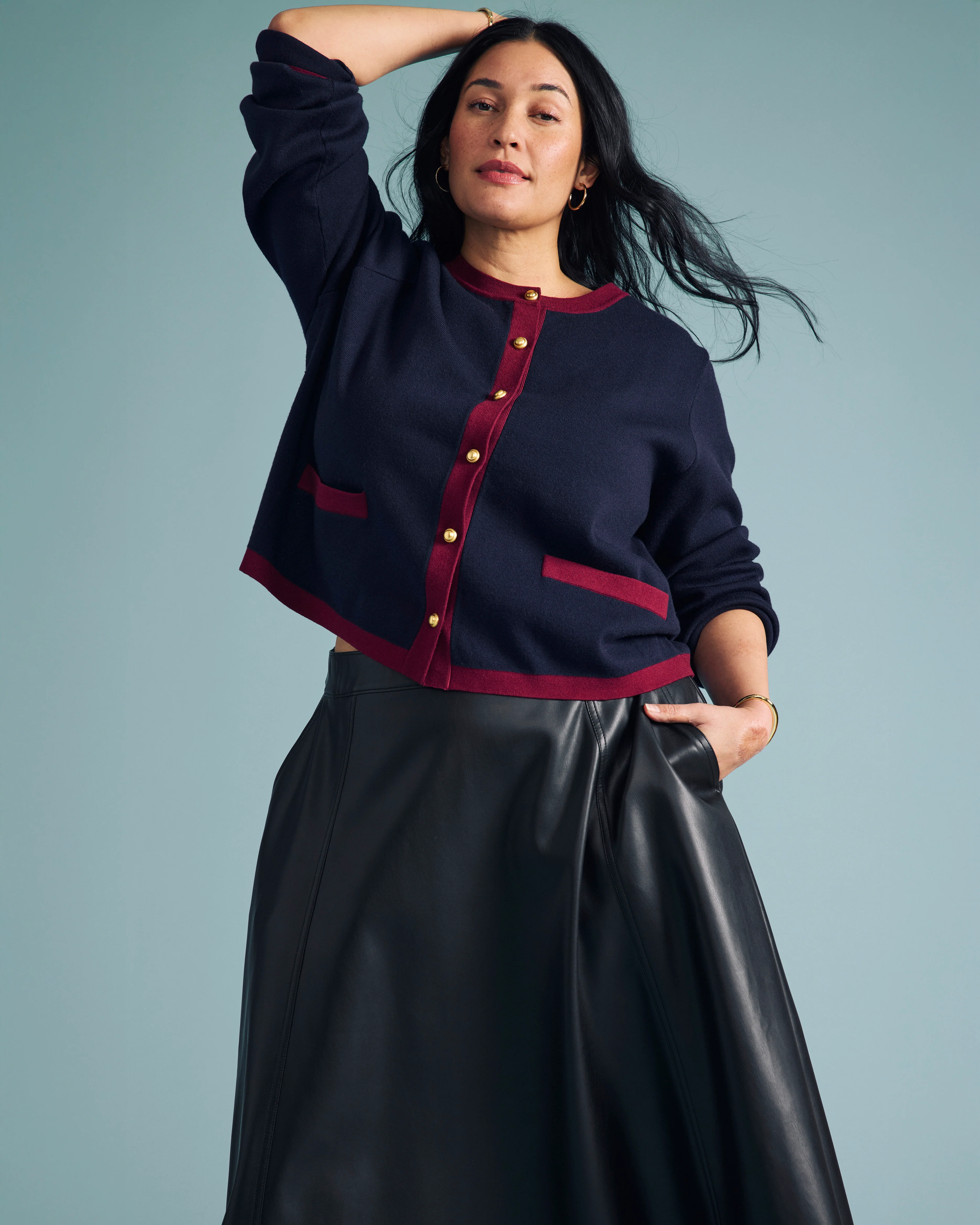 Gabrielle Button-Front Cardigan - Midnight with Red Accents - Image 3