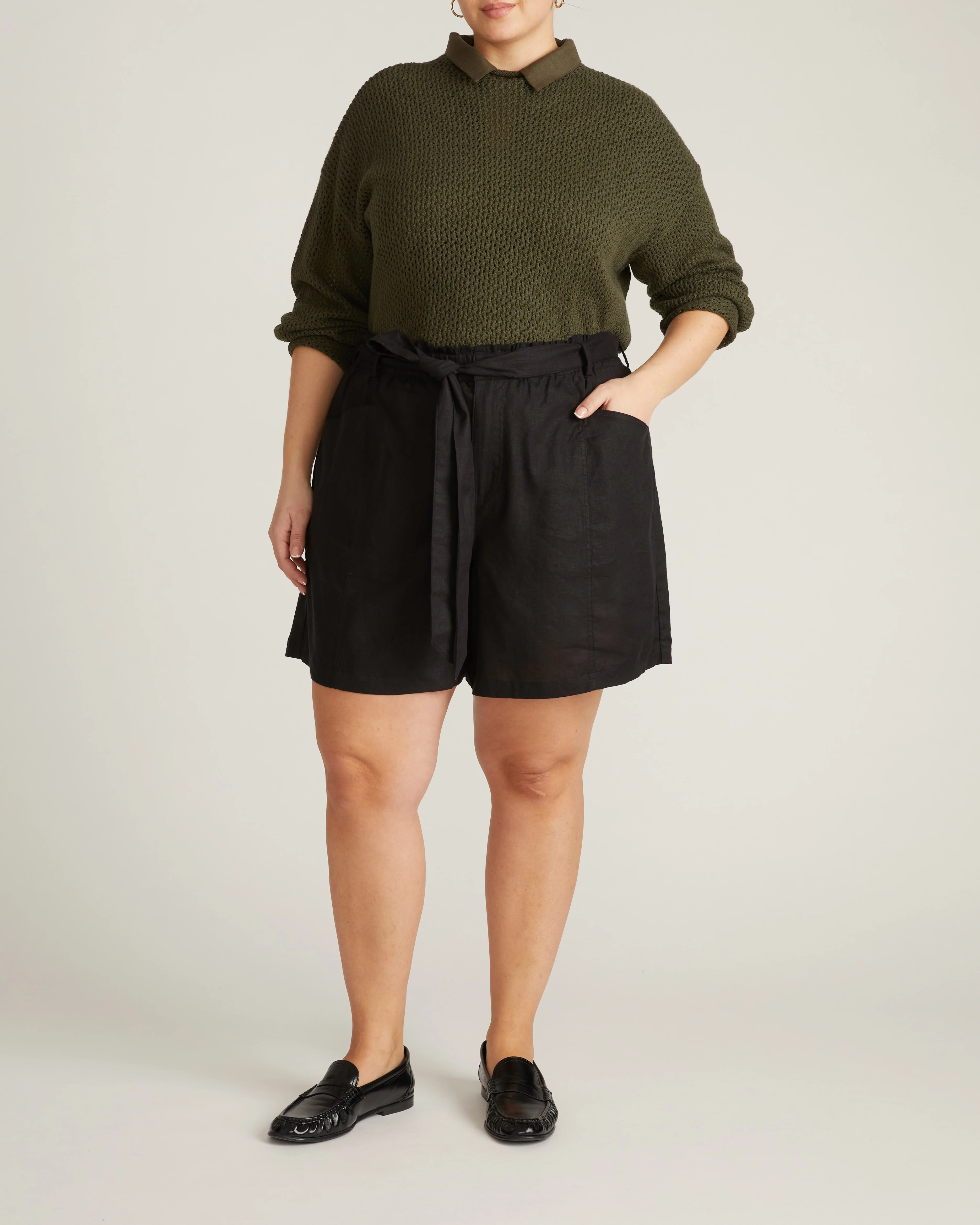Harbor Stretch Linen Paperbag Shorts - Black - Image 2