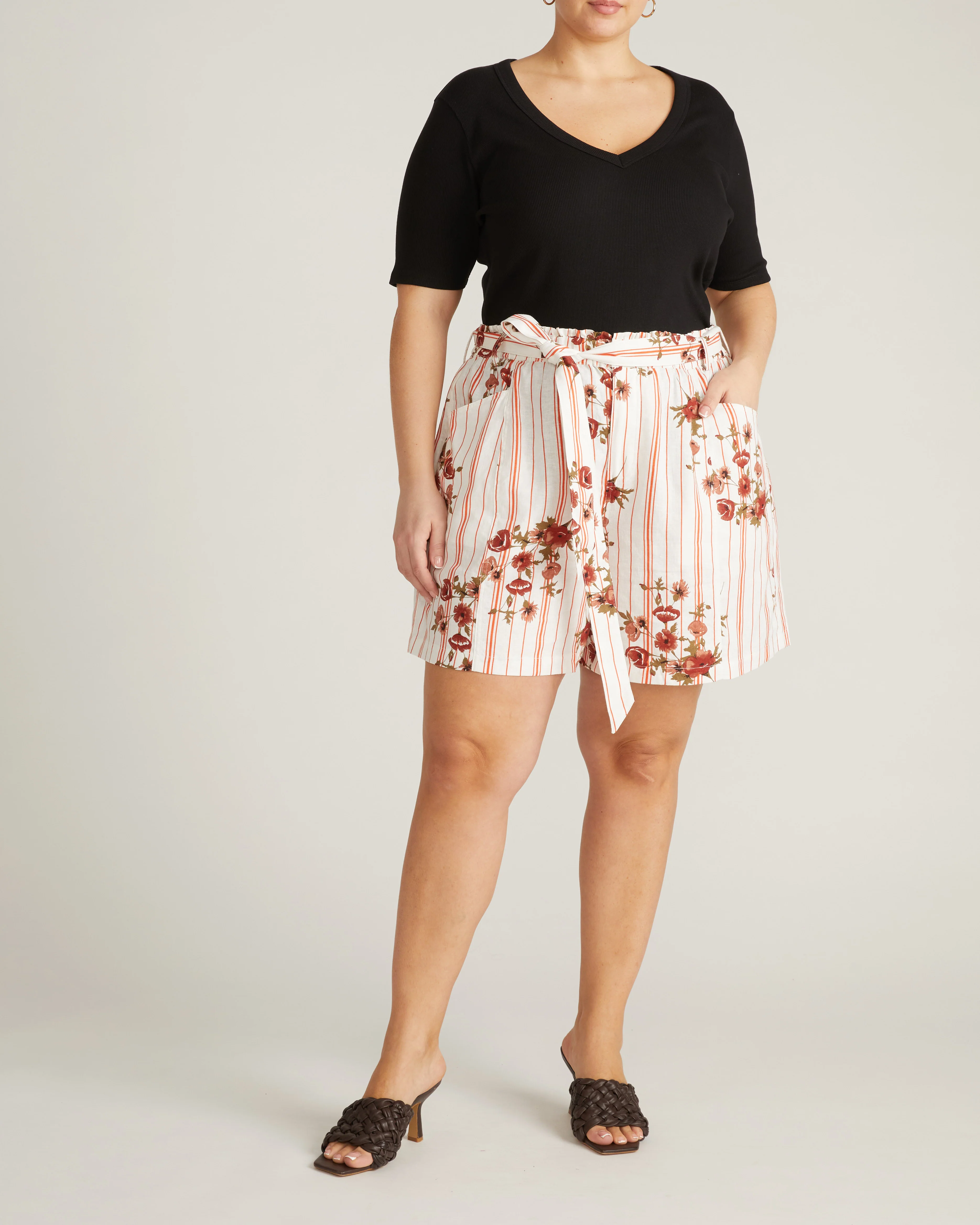 Harbor Stretch Linen Paperbag Shorts - Wild Flower Bouquet Print on Stripes - Image 3