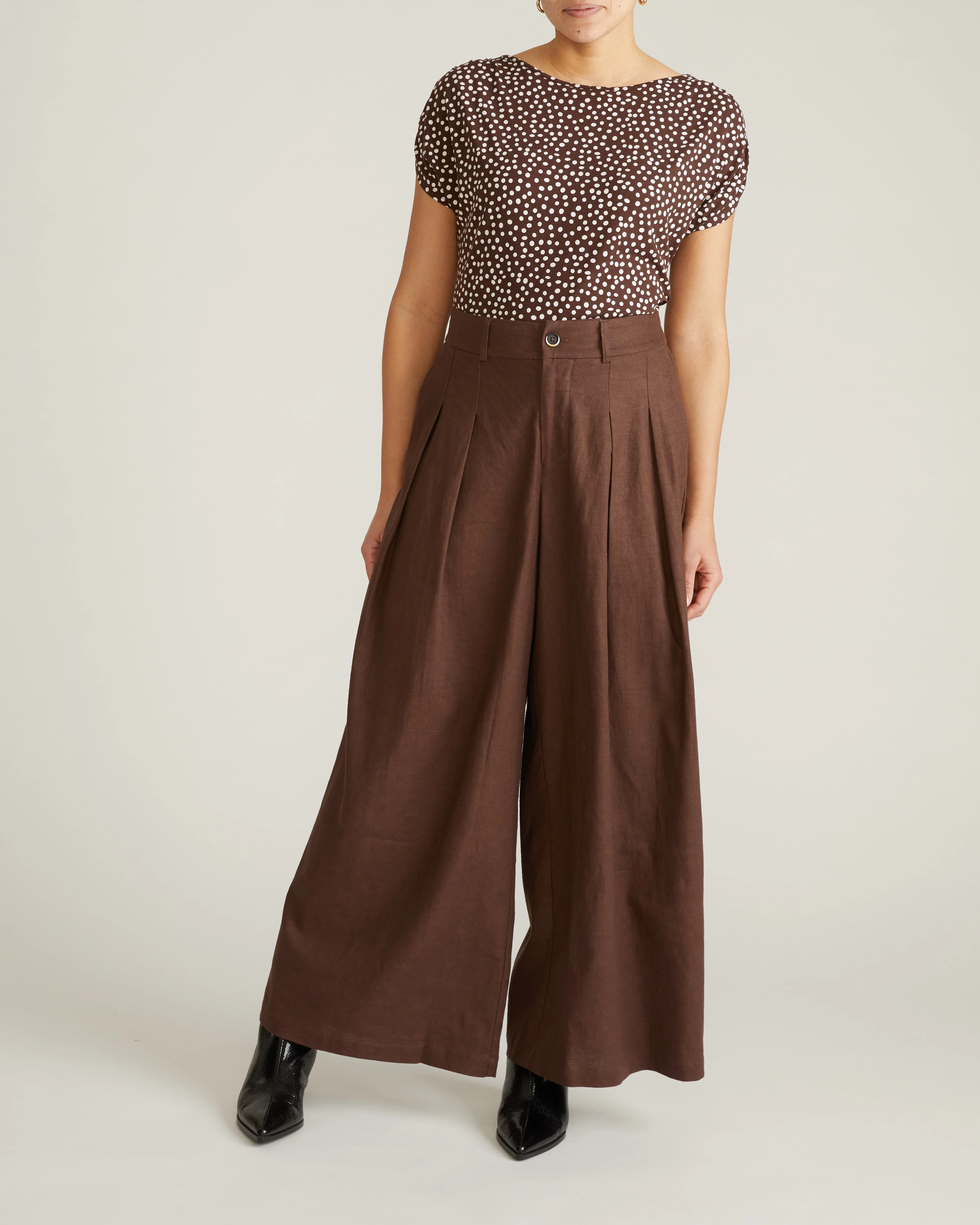 Helena Divine Jersey Gathered Tee - Brown/White Dot Print - Image 3