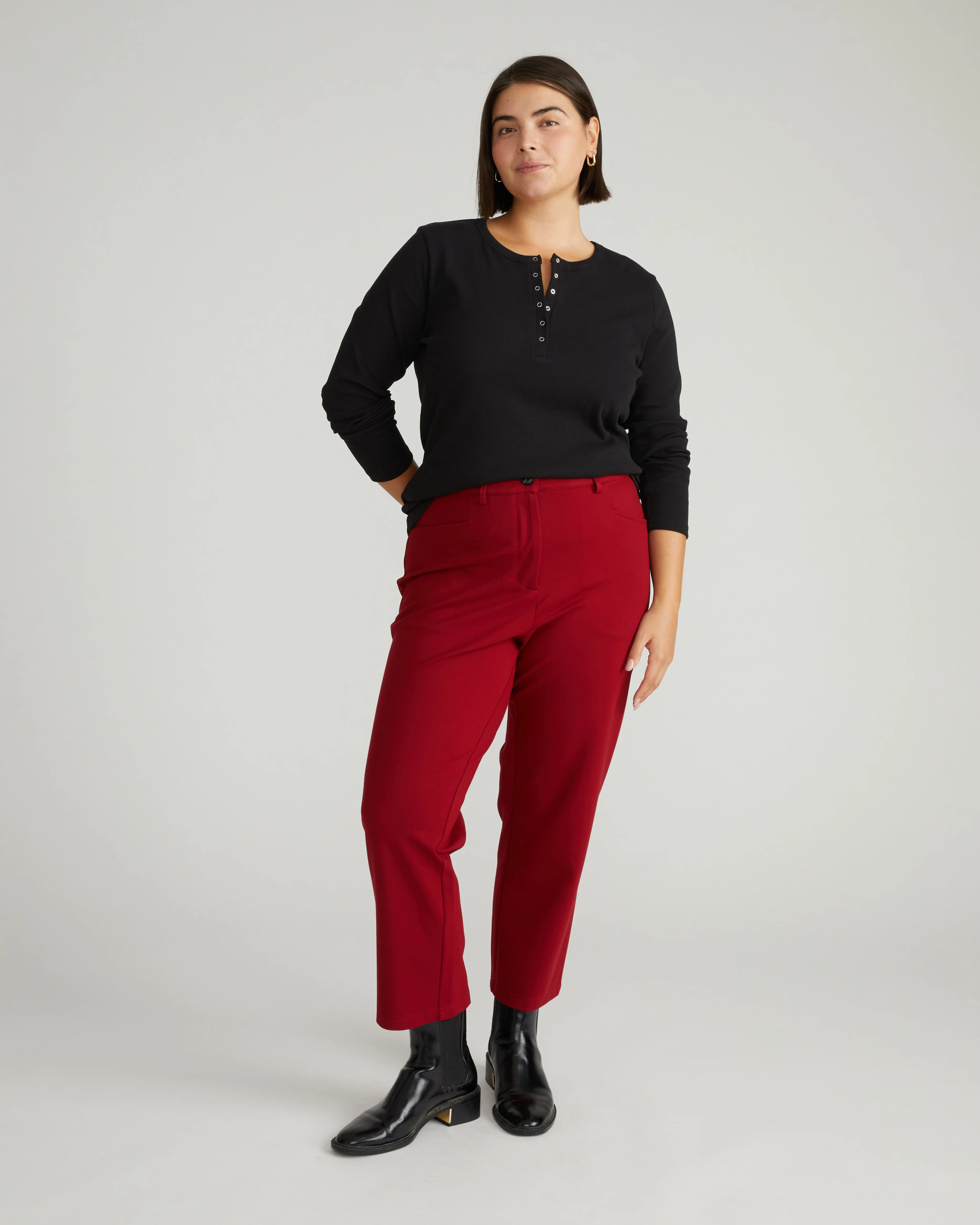 Henley Long Sleeve Ribbed Tee - Black - Image 2