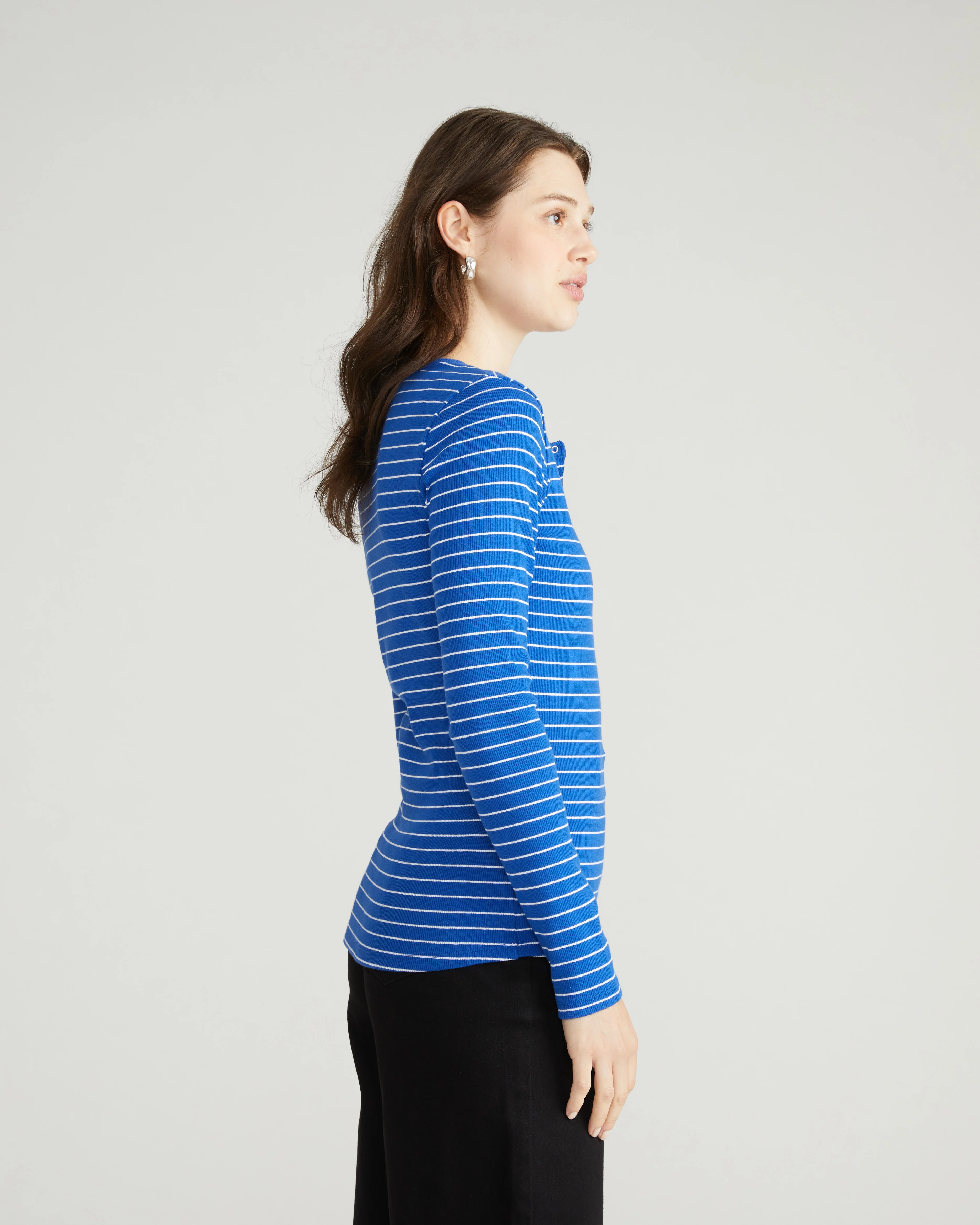 Henley Long Sleeve Ribbed Tee - Bright Blue/White Microstripe - Image 3