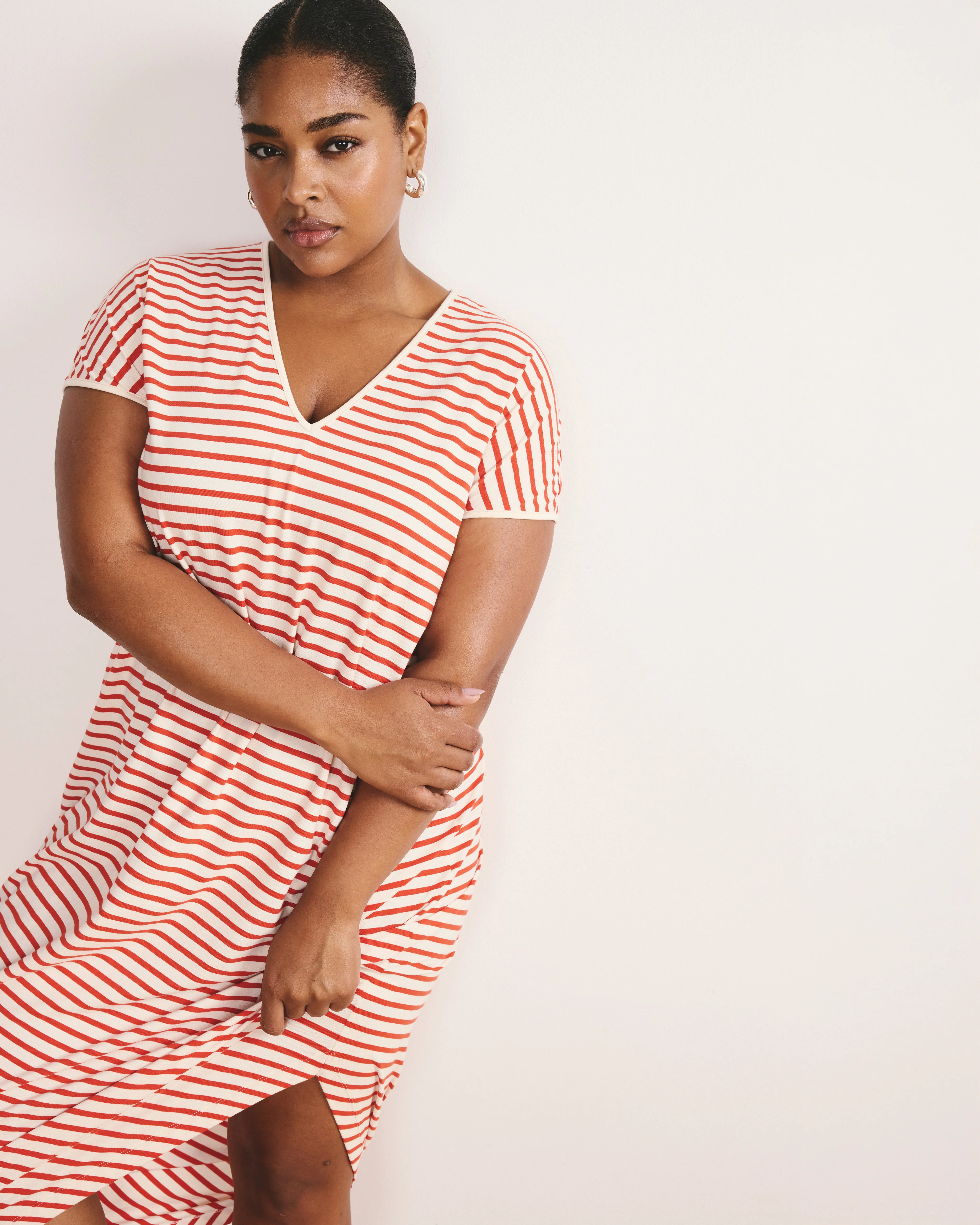 Iconic Geneva V-Neck Dress - Ecru/Poppy Stripe - Image 3