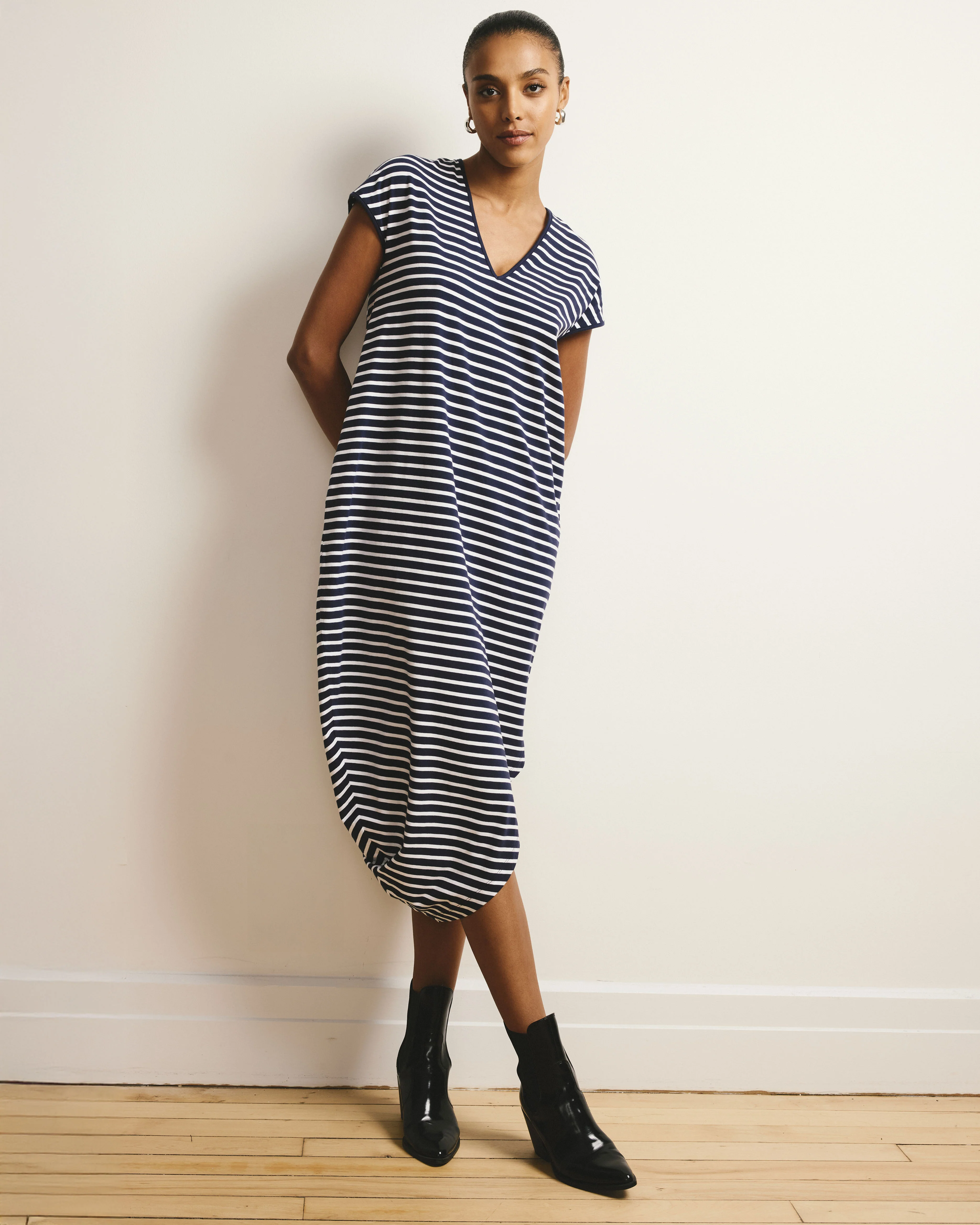 Iconic Geneva V-Neck Dress - Navy/White Stripe - Image 2