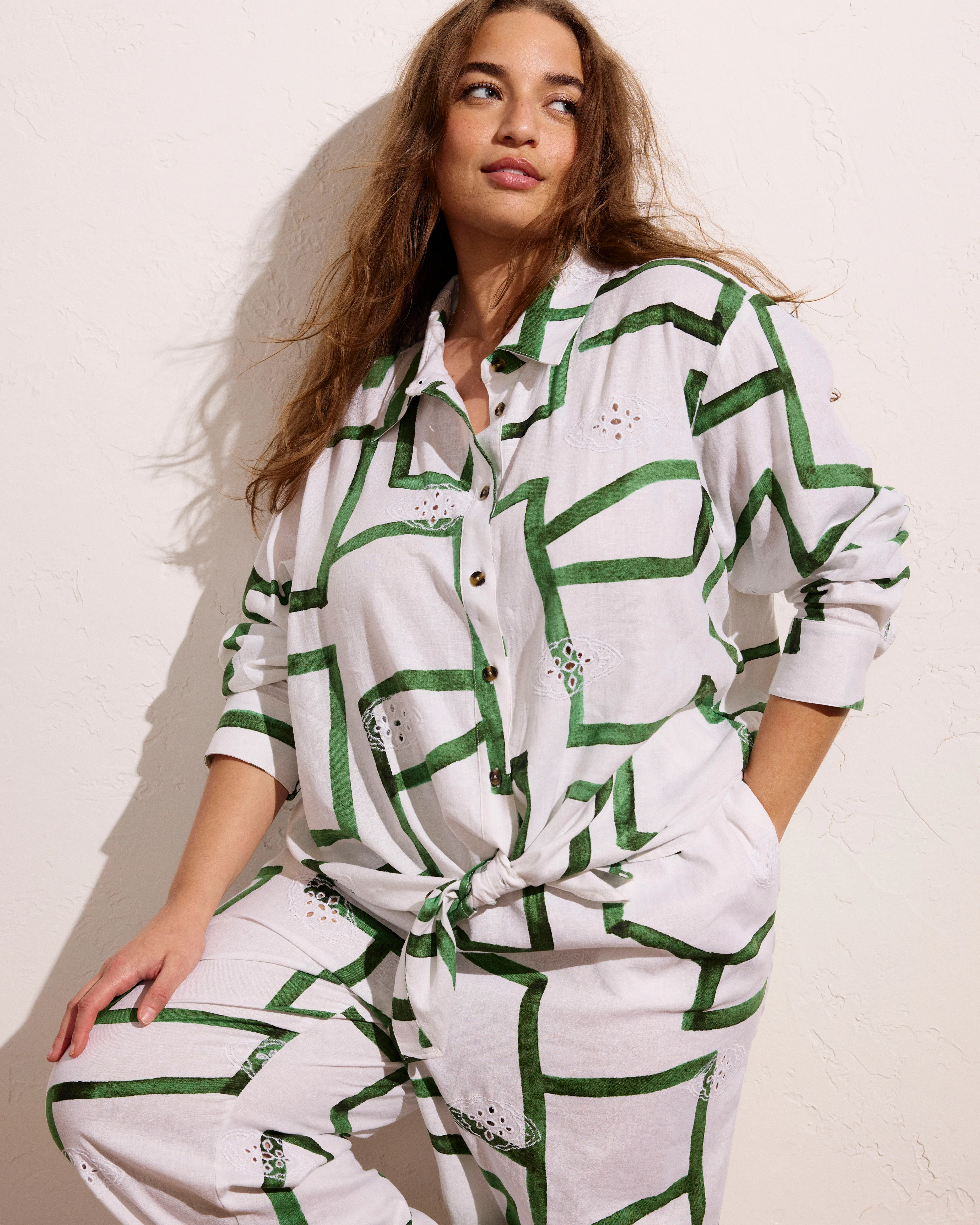 Iris Linen Easy Pull-On Pants - Green Paint Print - Image 2