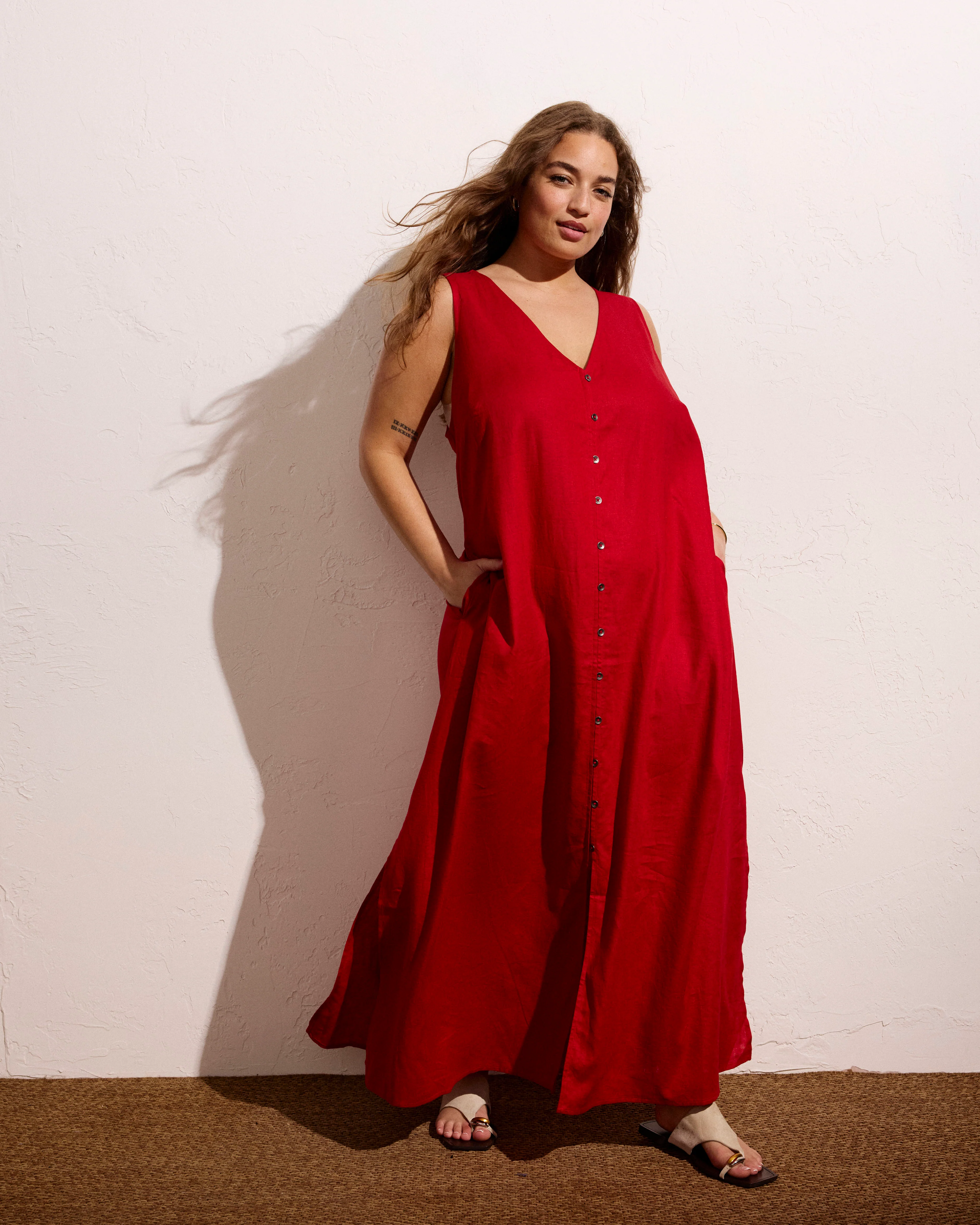 Islet Button-Down Linen Maxi Dress - Ruby Red - Image 5