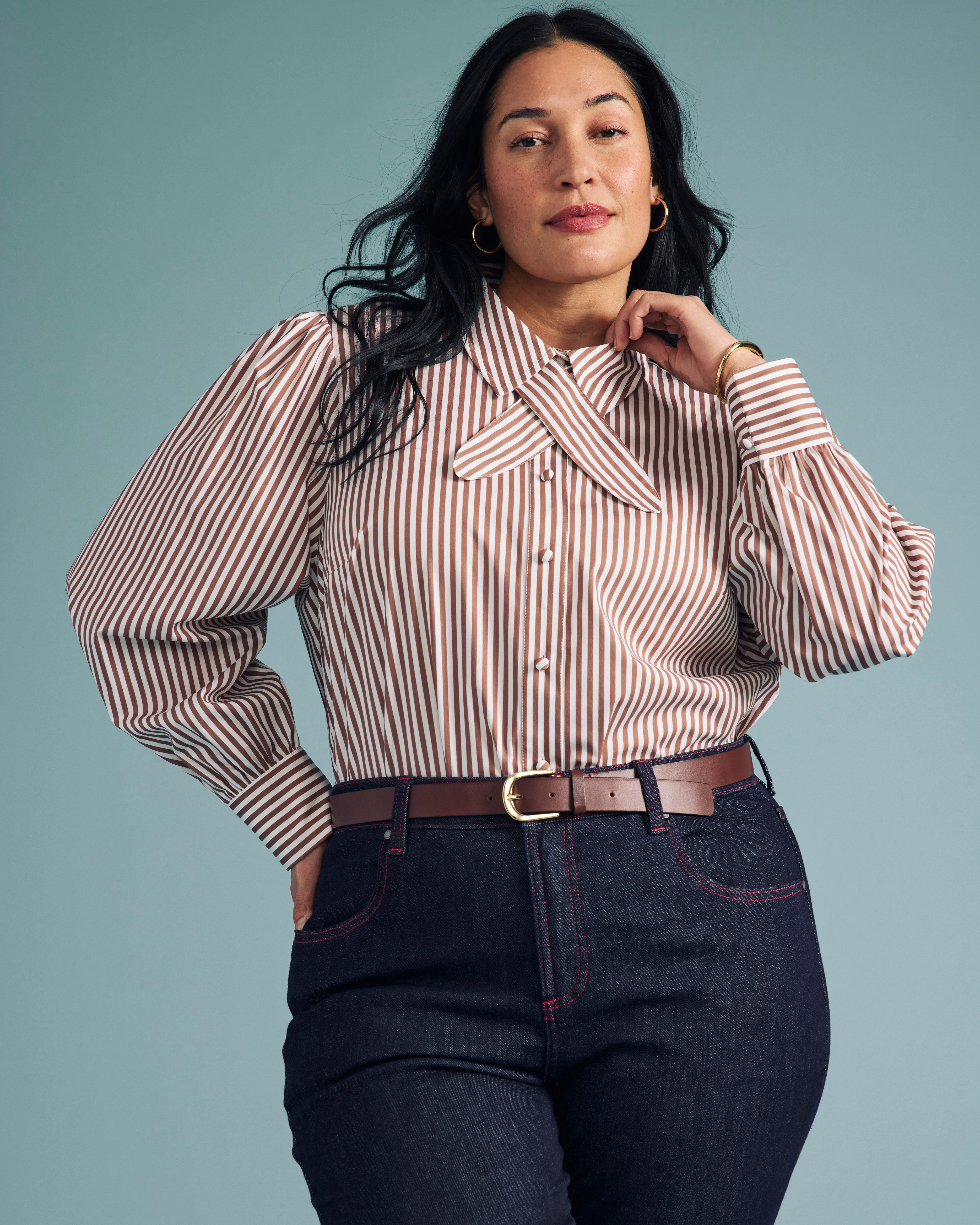 Janet Tie-Neck Cotton Poplin Shirt - Allspice/White Stripe - Image 2
