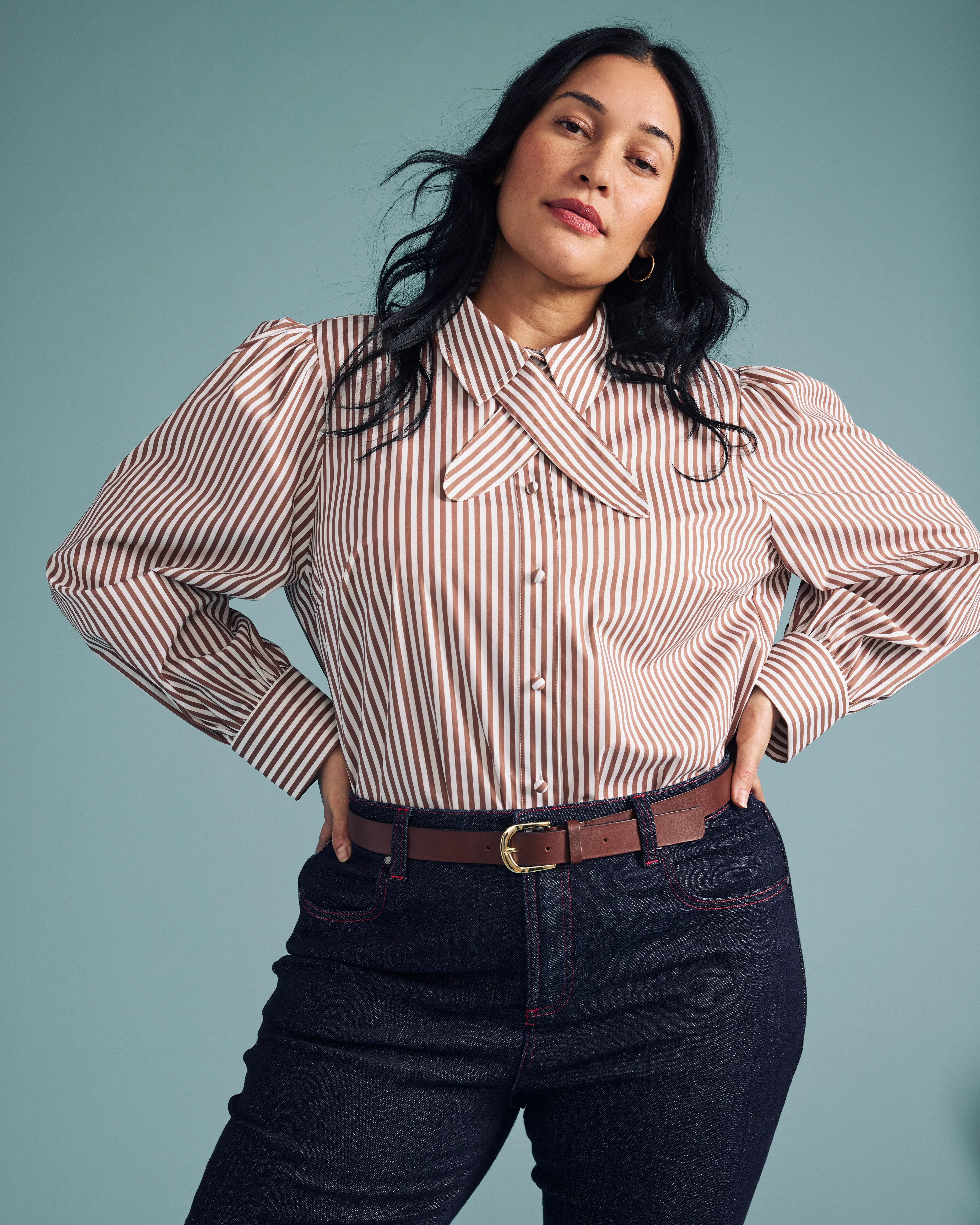 Janet Tie-Neck Cotton Poplin Shirt - Allspice/White Stripe - Image 5