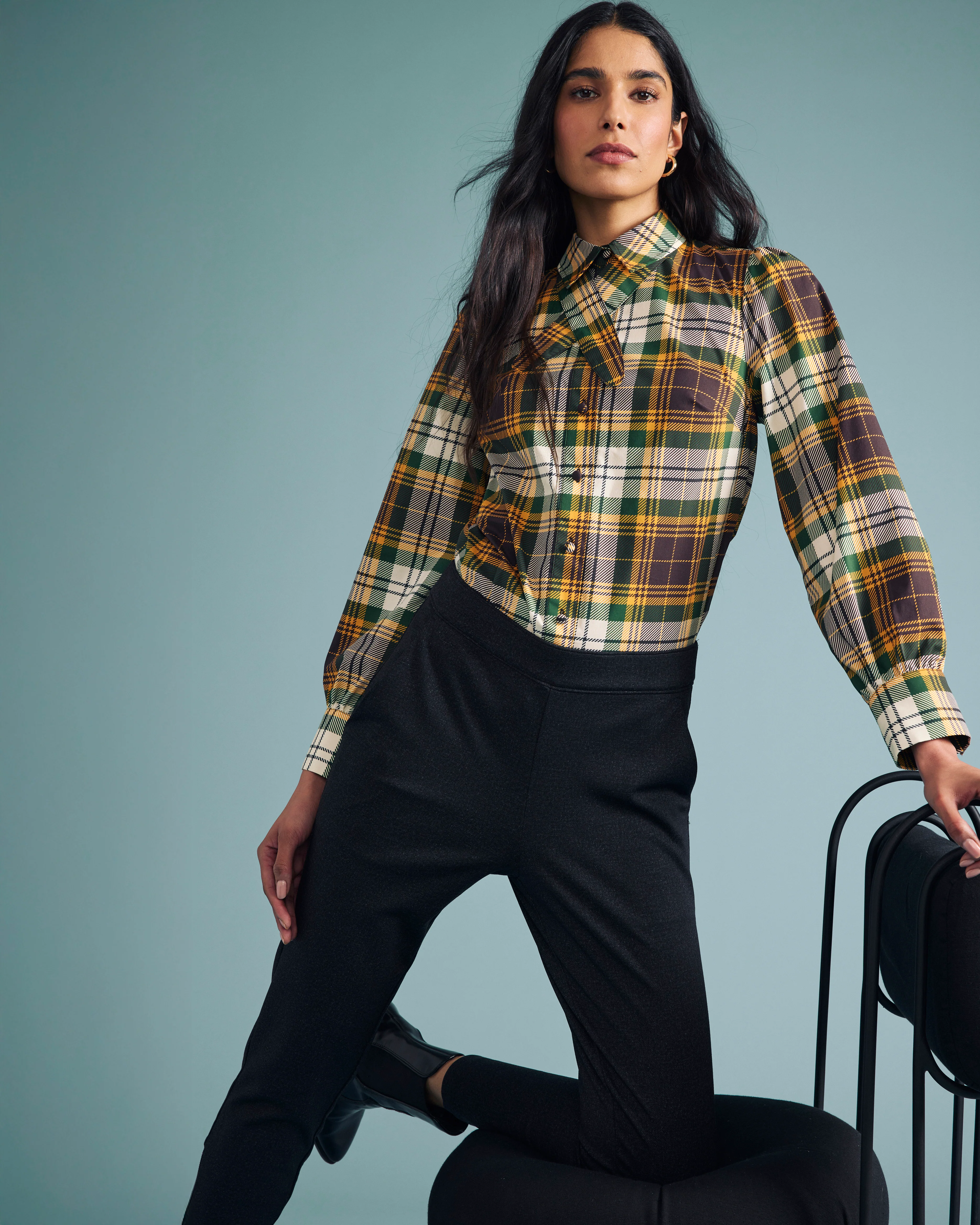 Janet Tie-Neck Cotton Poplin Shirt - Brown Plaid - Image 2