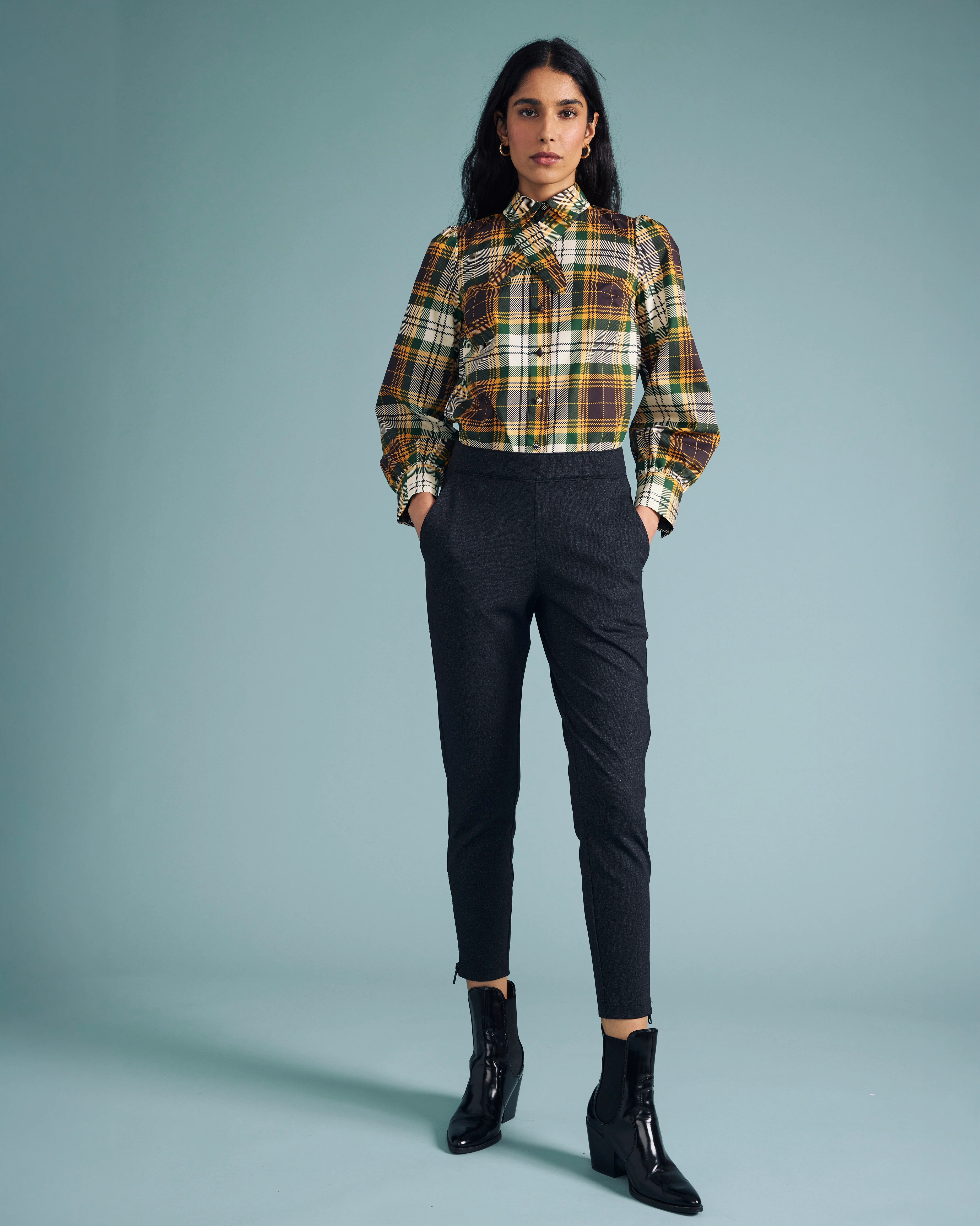Janet Tie-Neck Cotton Poplin Shirt - Brown Plaid - Image 3