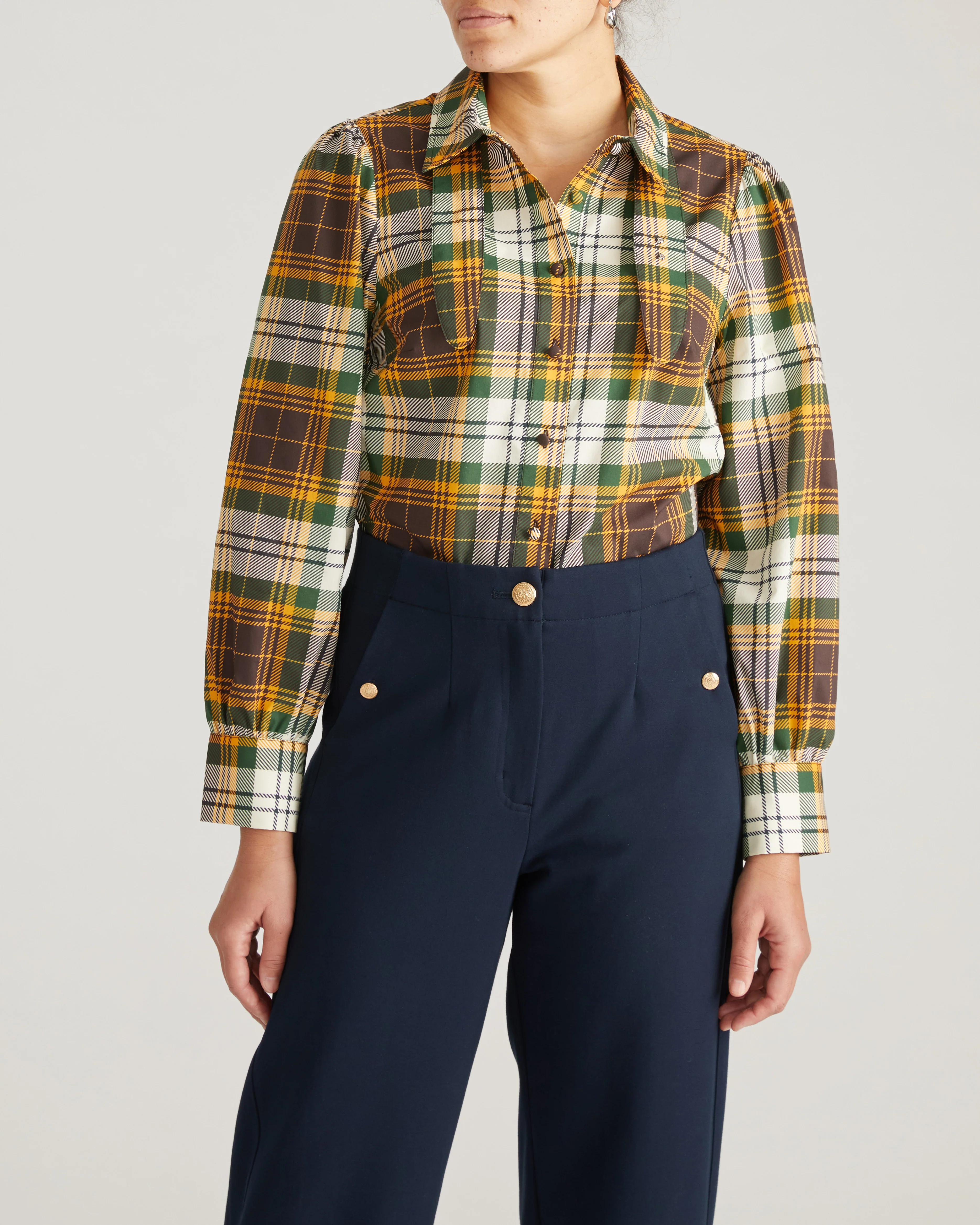 Janet Tie-Neck Cotton Poplin Shirt - Brown Plaid - Image 5