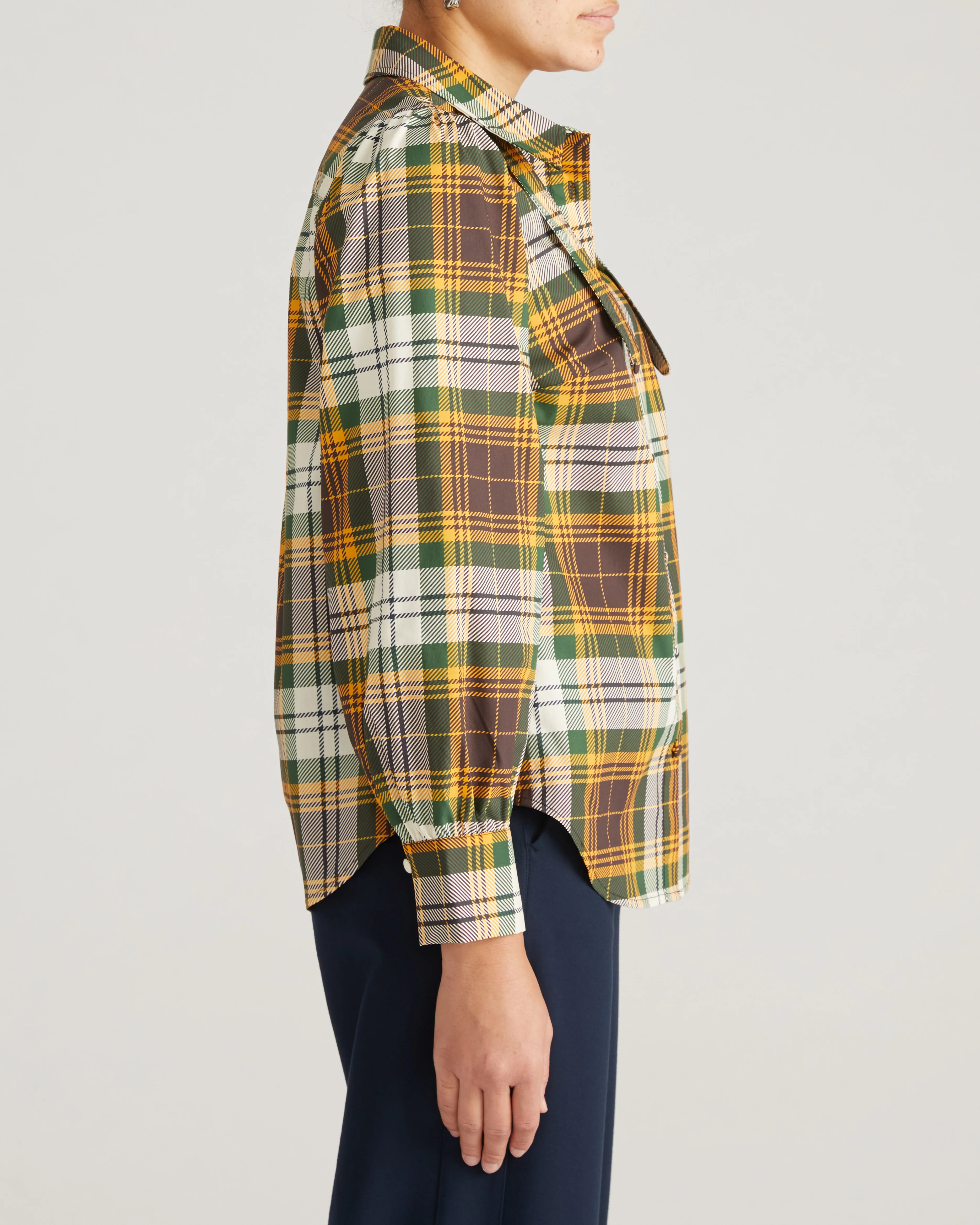 Janet Tie-Neck Cotton Poplin Shirt - Brown Plaid - Image 7