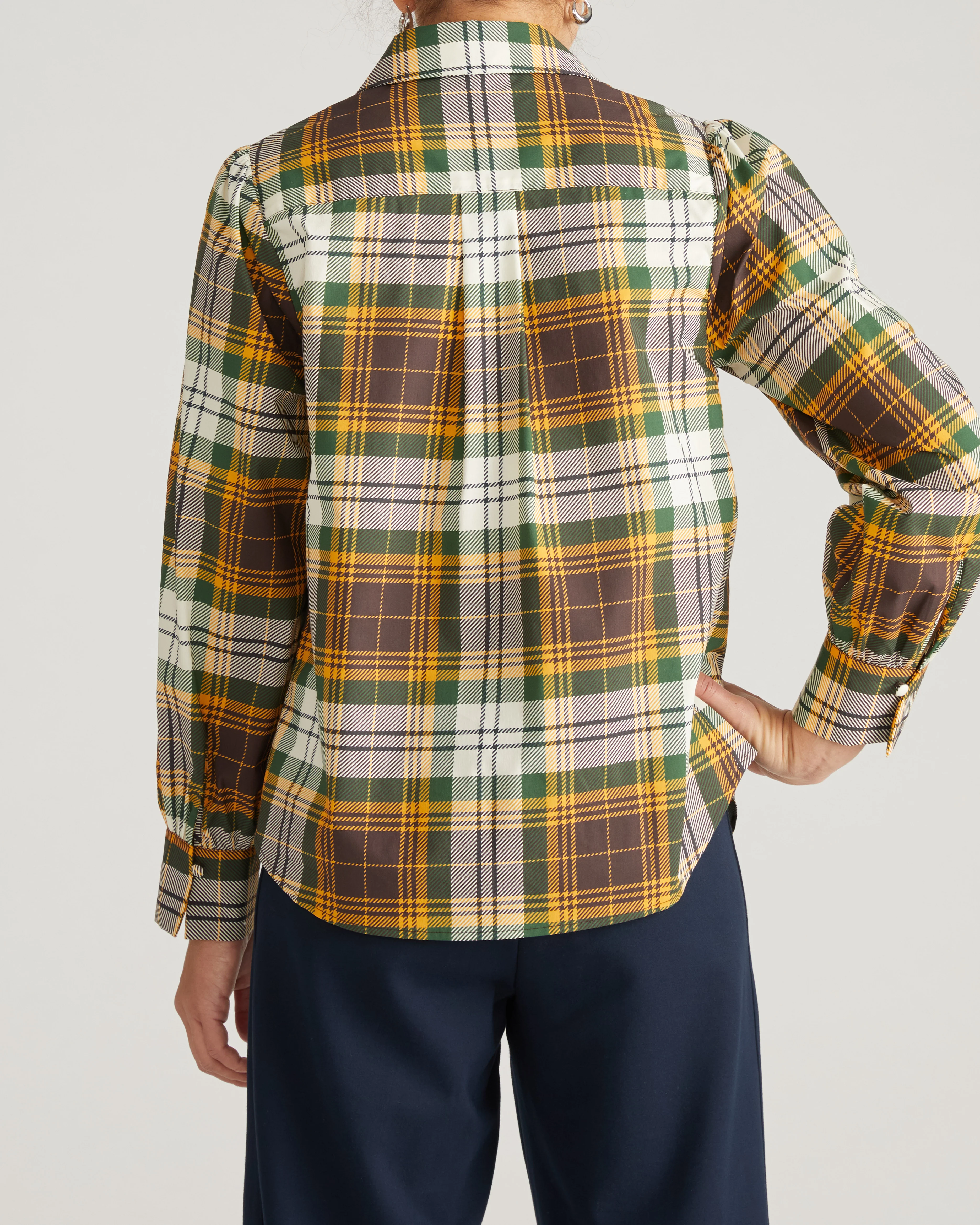 Janet Tie-Neck Cotton Poplin Shirt - Brown Plaid - Image 8