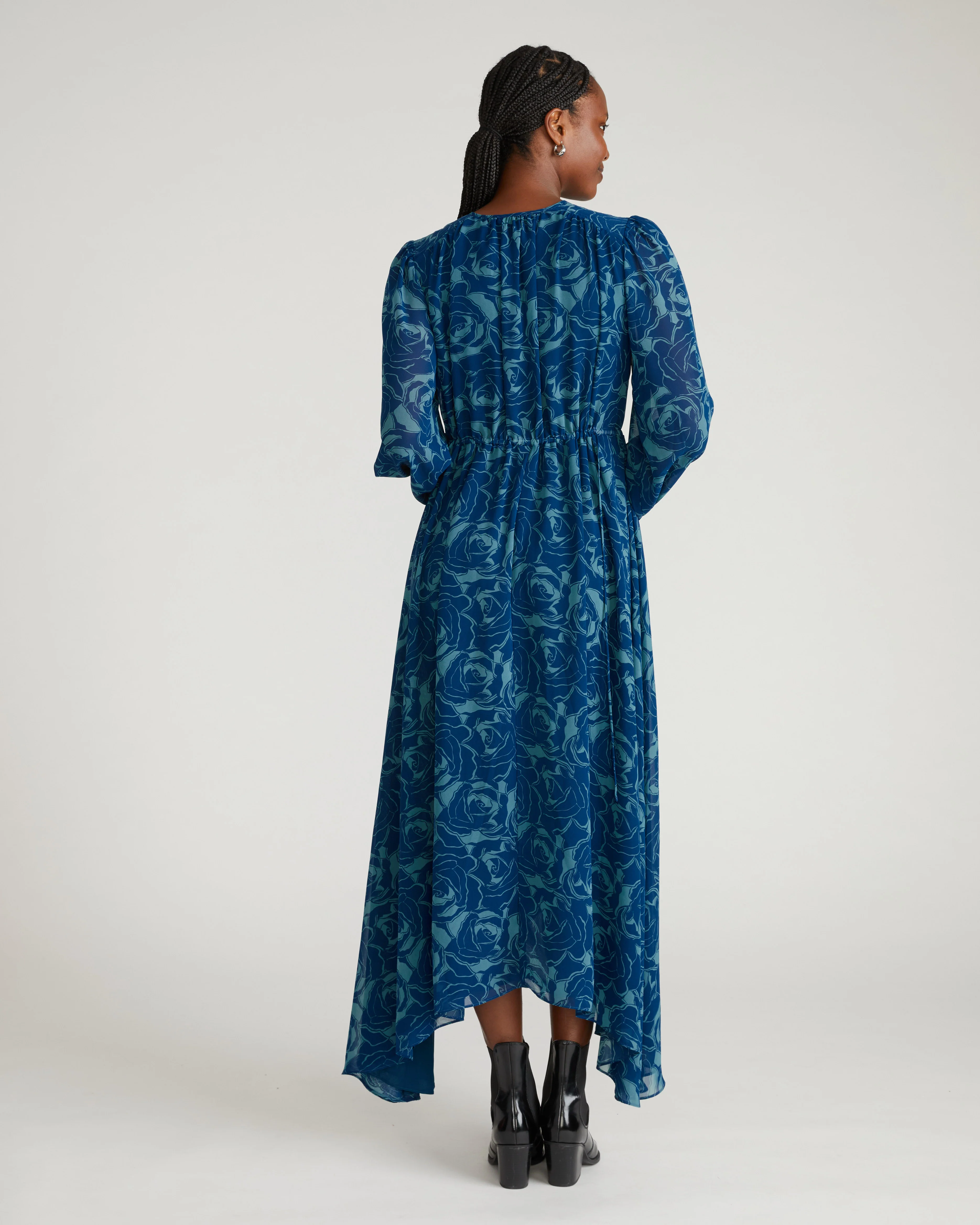 Karina Chiffon Dress - Rose Print in Deep Teal - Image 3