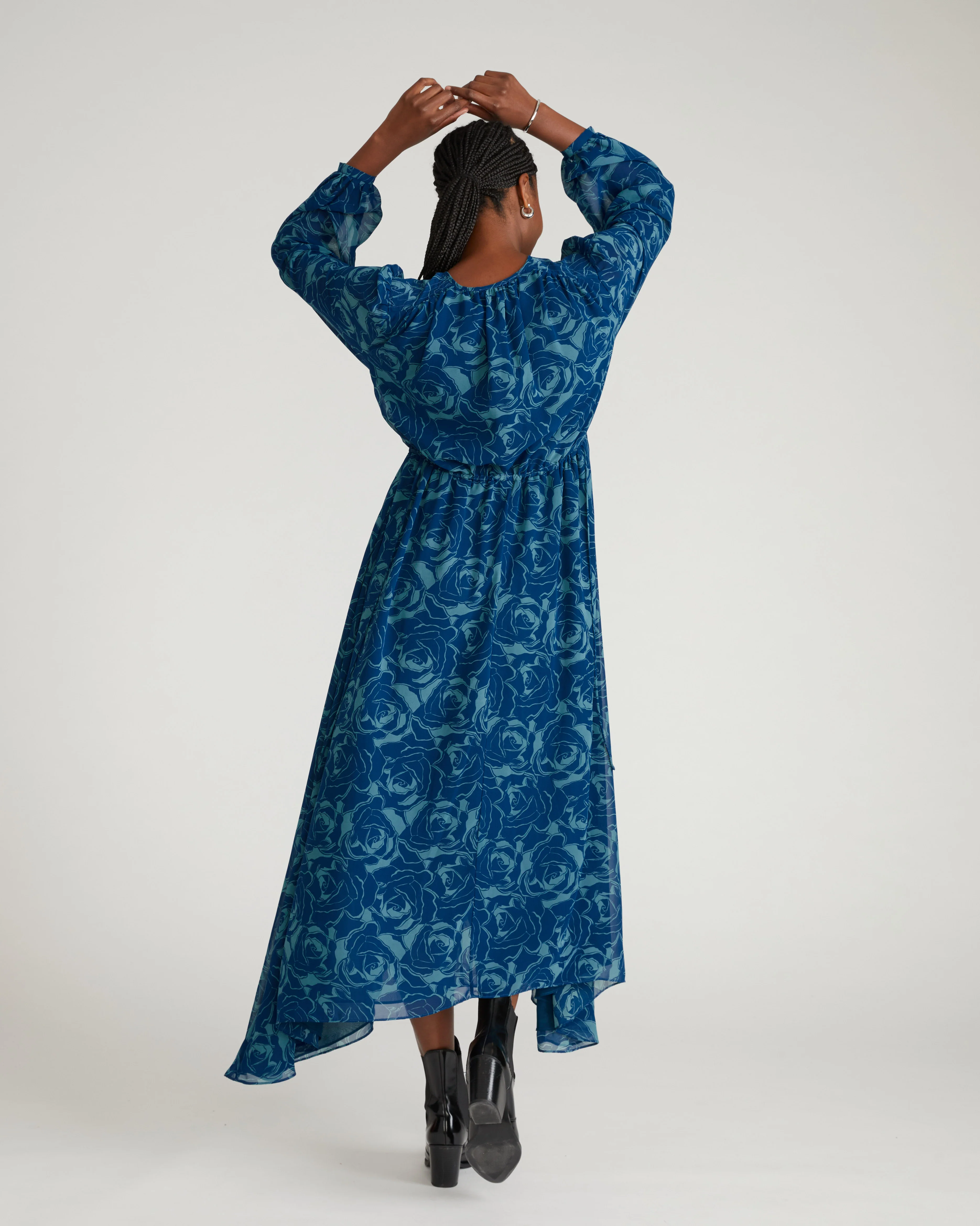 Karina Chiffon Dress - Rose Print in Deep Teal - Image 4