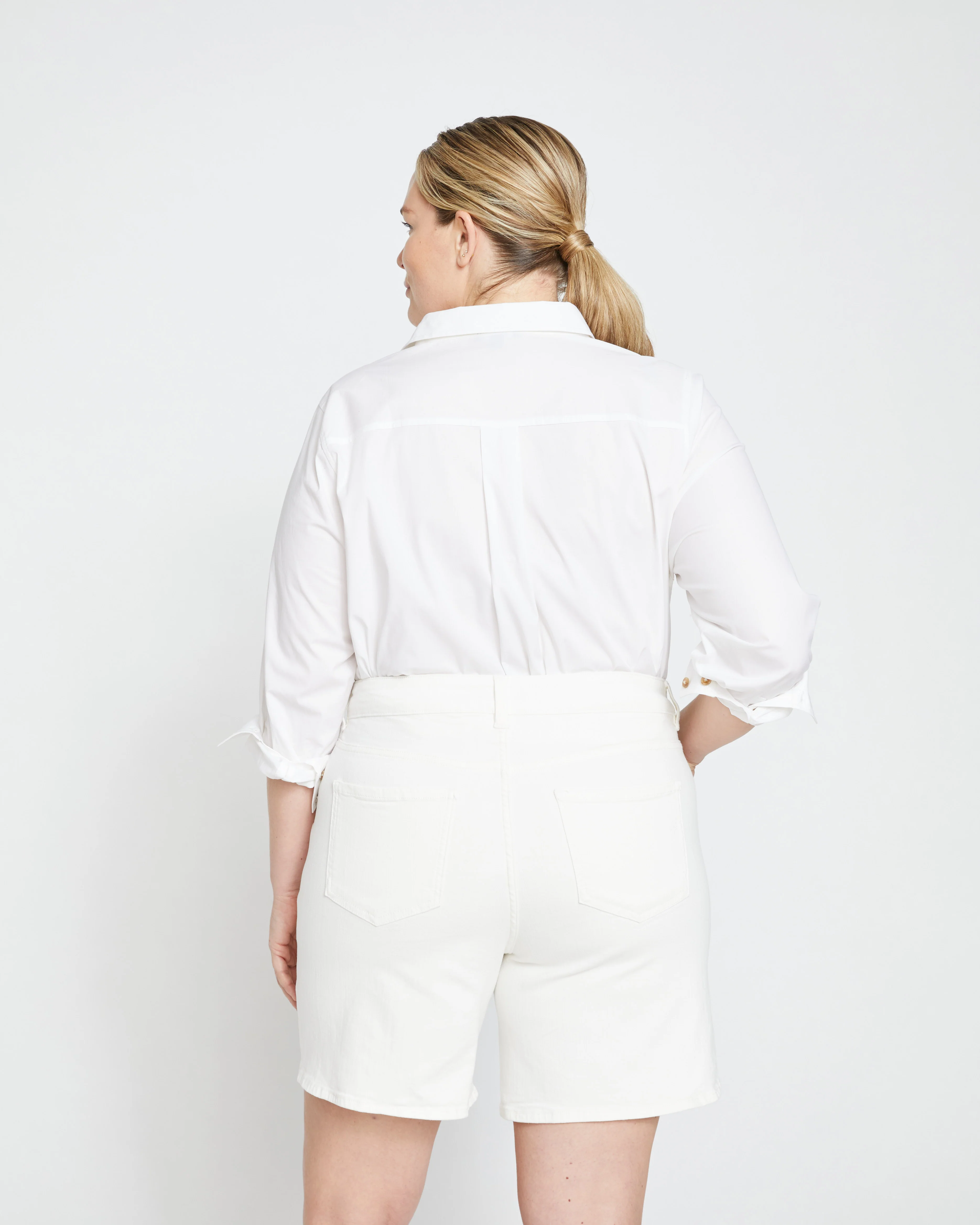 Katie High Rise Crossover Denim Shorts - White - Image 10