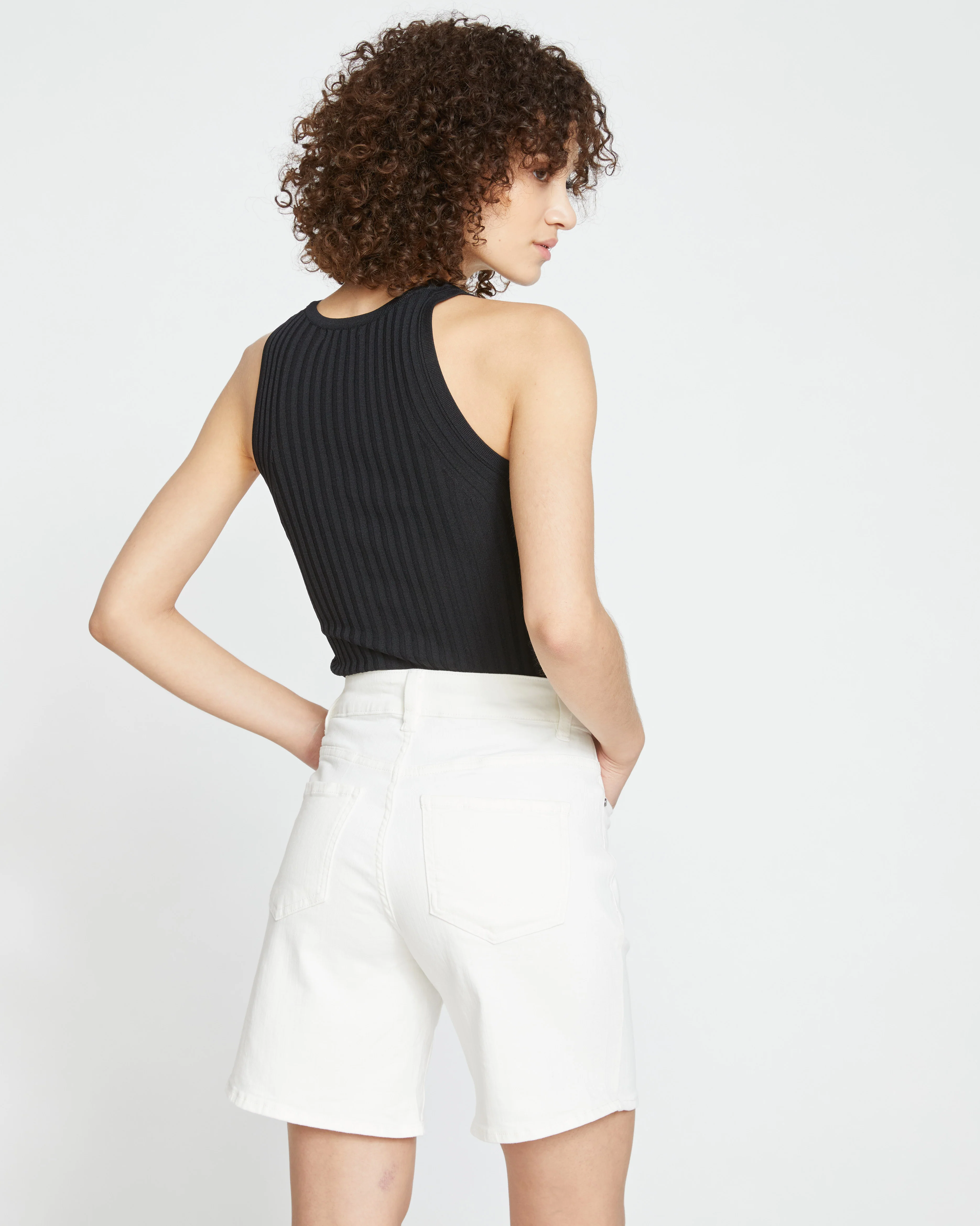 Katie High Rise Crossover Denim Shorts - White - Image 5
